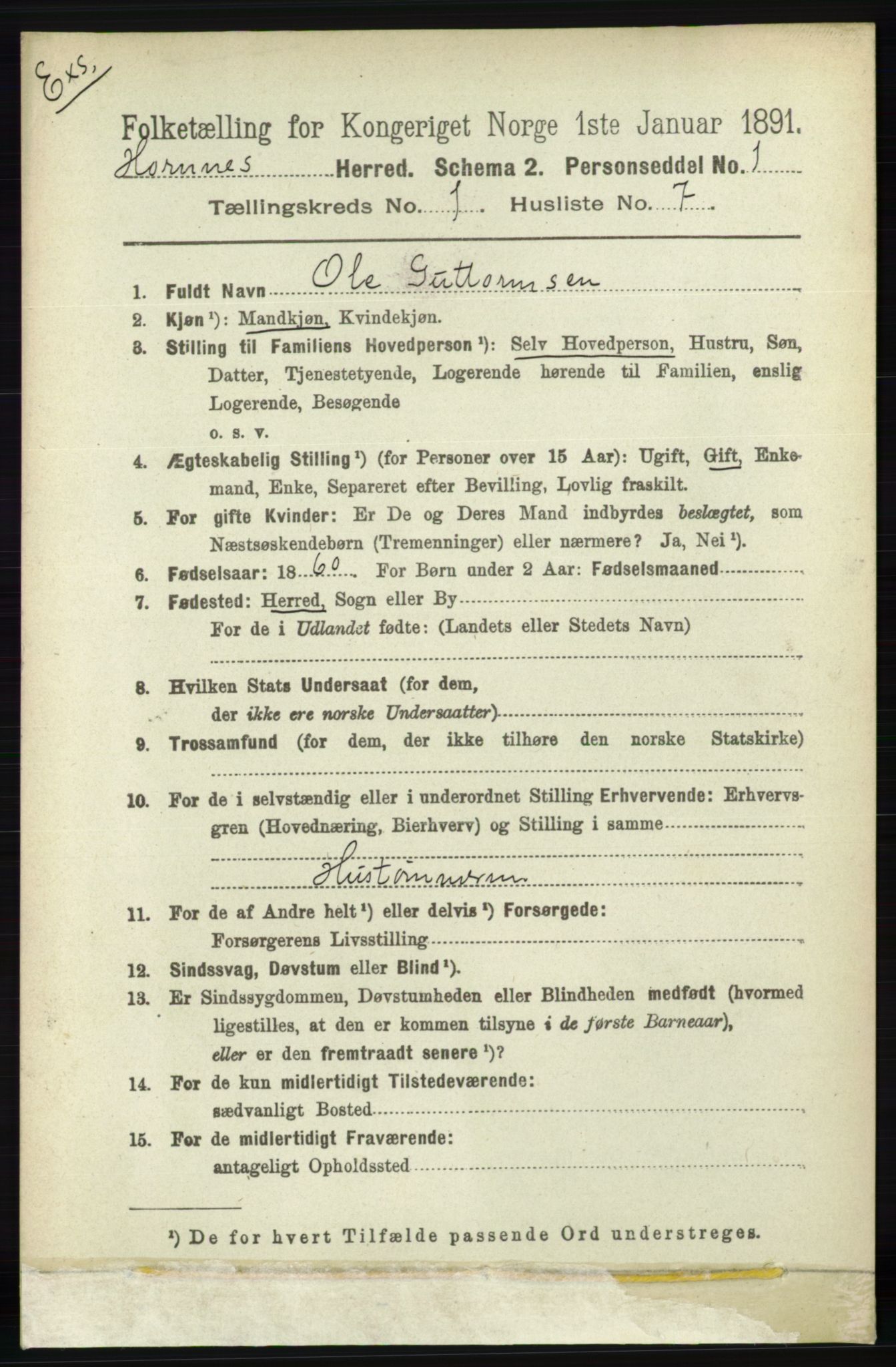 RA, Census 1891 for Nedenes amt: Gjenparter av personsedler for beslektede ektefeller, menn, 1891, p. 960