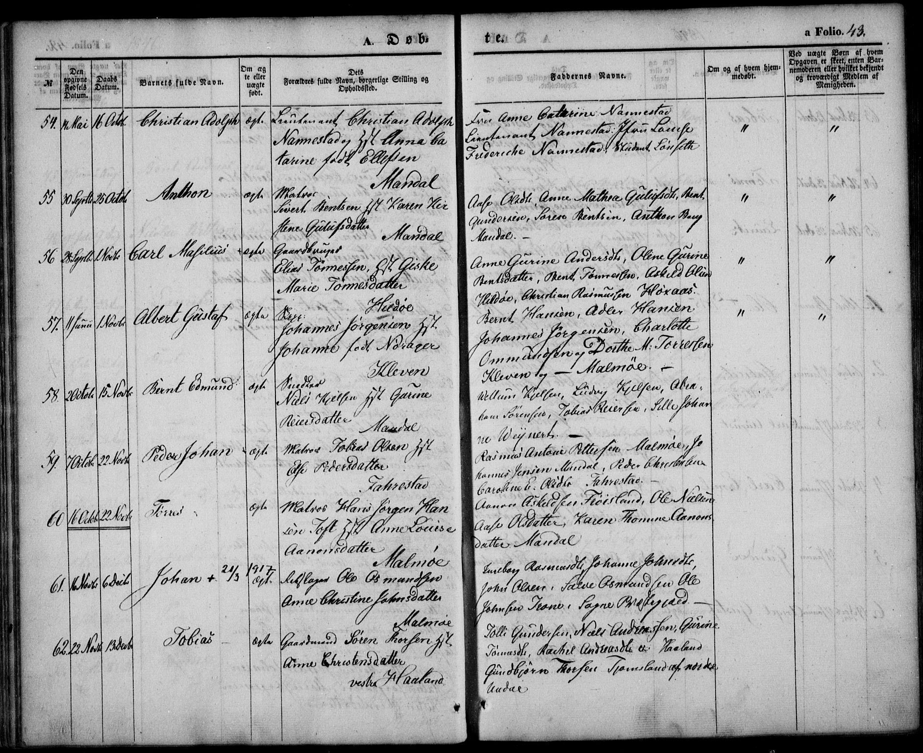 Mandal sokneprestkontor, SAK/1111-0030/F/Fa/Faa/L0012: Parish register (official) no. A 12, 1840-1847, p. 43