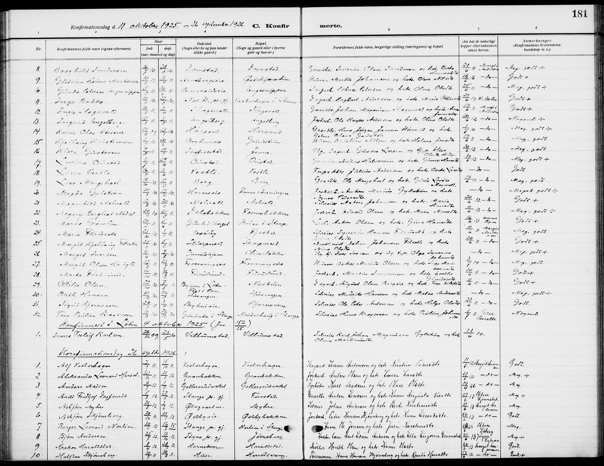 Romedal prestekontor, SAH/PREST-004/K/L0012: Parish register (official) no. 12, 1913-1935, p. 181