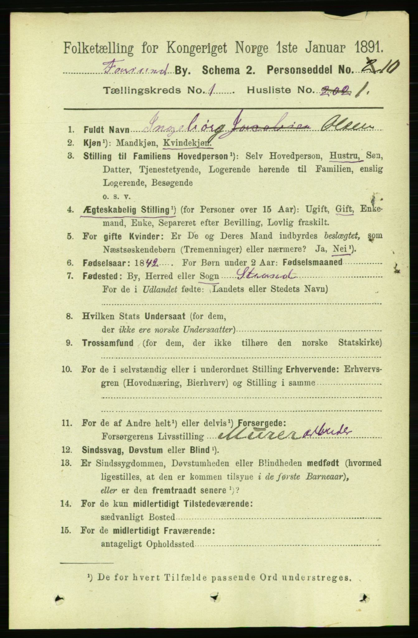 RA, 1891 census for 1003 Farsund, 1891, p. 516