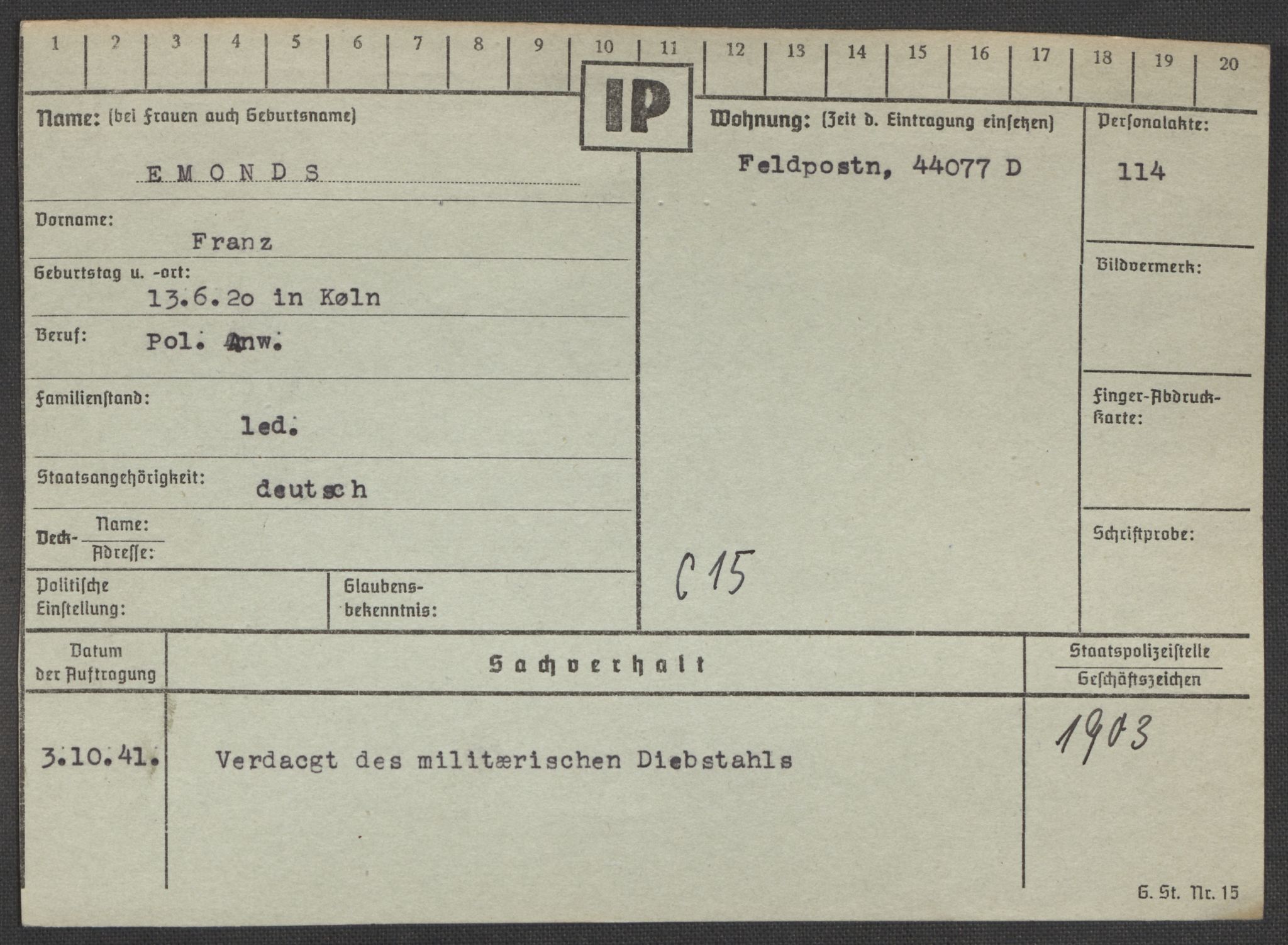 Befehlshaber der Sicherheitspolizei und des SD, AV/RA-RAFA-5969/E/Ea/Eaa/L0002: Register over norske fanger i Møllergata 19: Bj-Eng, 1940-1945, p. 1337