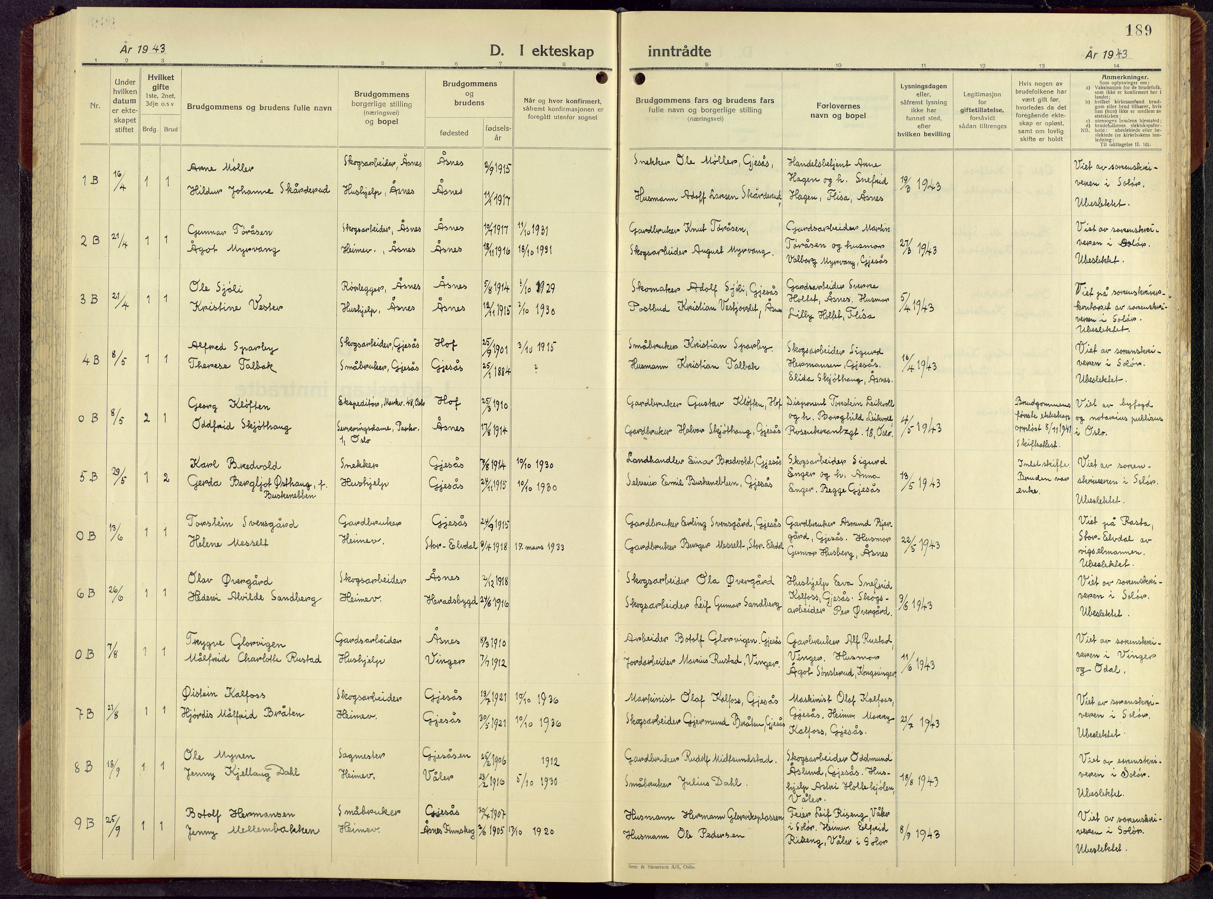 Åsnes prestekontor, AV/SAH-PREST-042/H/Ha/Hab/L0013: Parish register (copy) no. 13, 1943-1966, p. 189