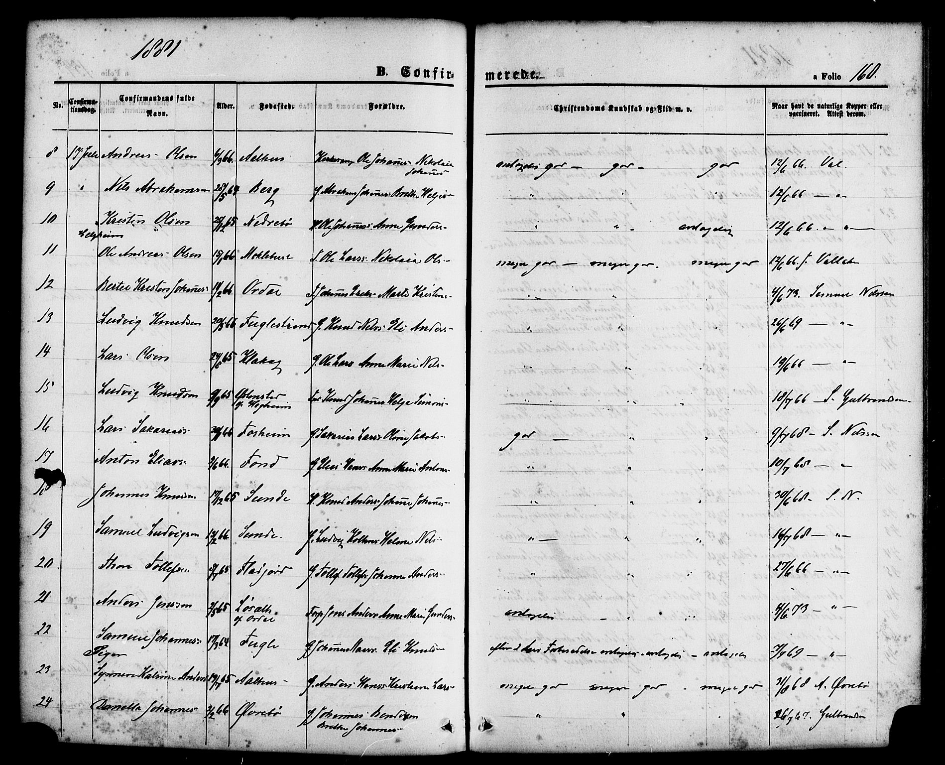 Jølster sokneprestembete, AV/SAB-A-80701/H/Haa/Haaa/L0011: Parish register (official) no. A 11, 1866-1881, p. 160