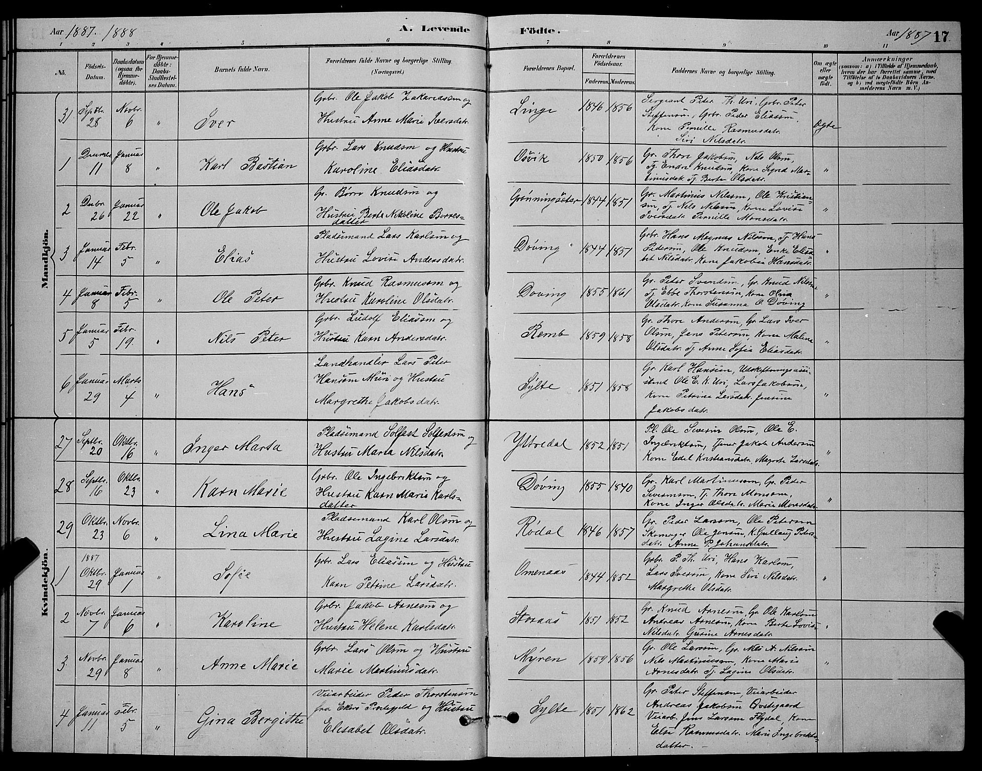 Ministerialprotokoller, klokkerbøker og fødselsregistre - Møre og Romsdal, SAT/A-1454/519/L0263: Parish register (copy) no. 519C04, 1885-1892, p. 17