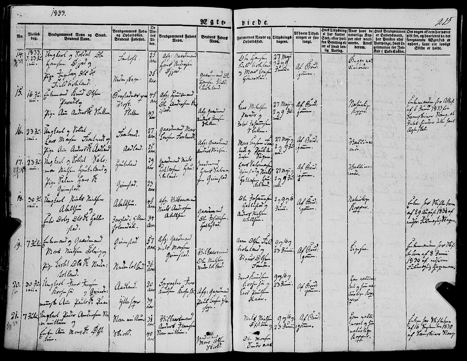 Fana Sokneprestembete, AV/SAB-A-75101/H/Haa/Haaa/L0008: Parish register (official) no. A 8, 1829-1851, p. 215