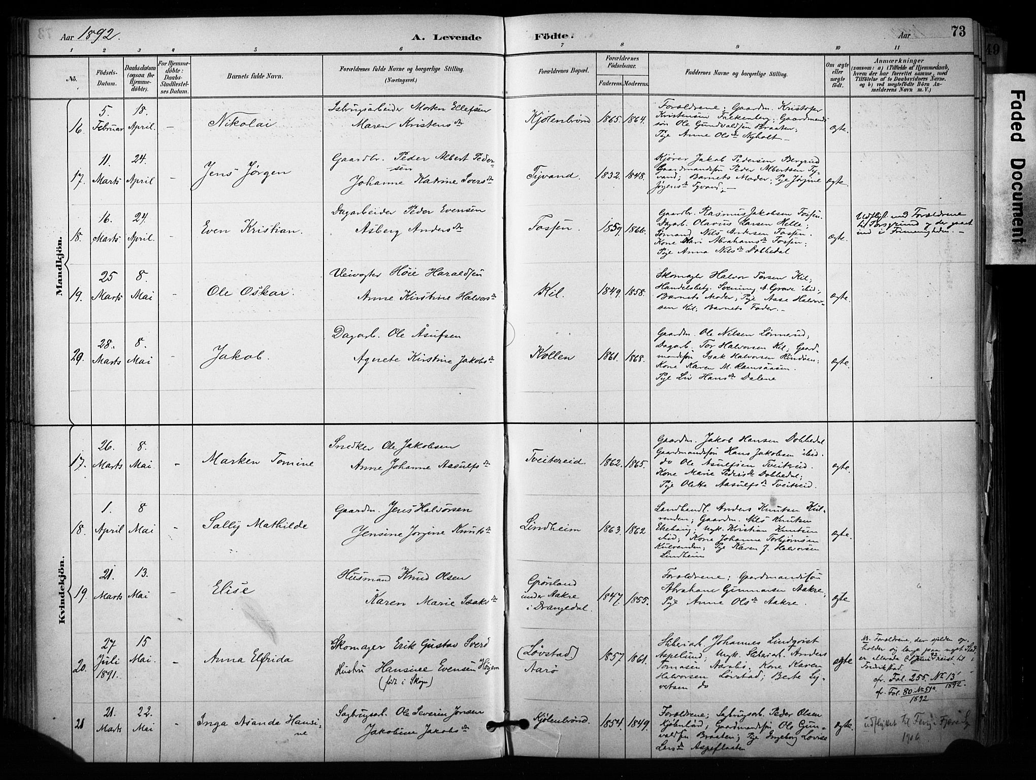 Sannidal kirkebøker, AV/SAKO-A-296/F/Fa/L0015: Parish register (official) no. 15, 1884-1899, p. 73