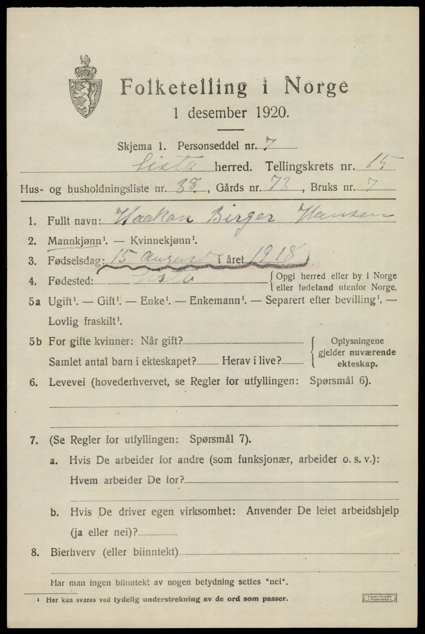 SAK, 1920 census for Lista, 1920, p. 12923