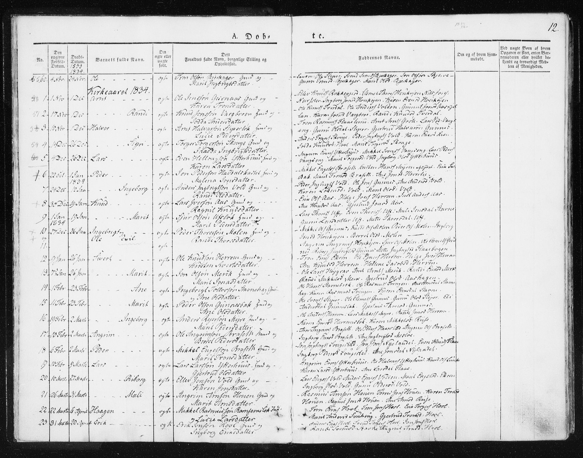 Ministerialprotokoller, klokkerbøker og fødselsregistre - Sør-Trøndelag, SAT/A-1456/674/L0869: Parish register (official) no. 674A01, 1829-1860, p. 12