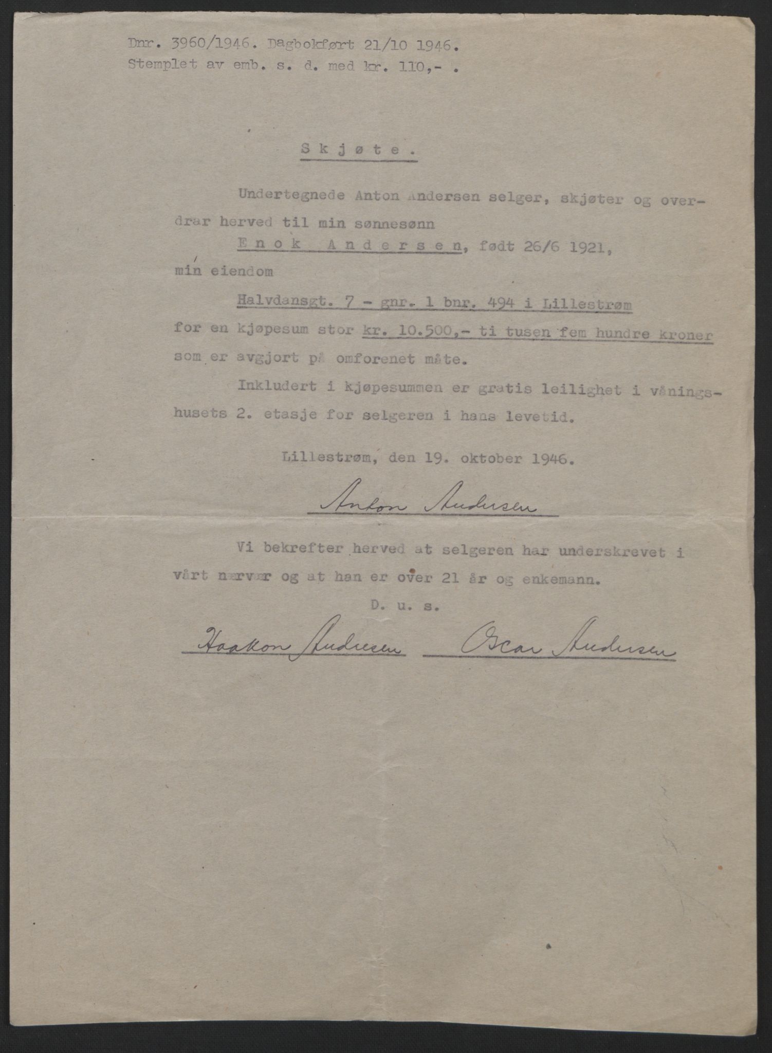 Nedre Romerike sorenskriveri, AV/SAO-A-10469/G/Gb/Gbd/L0017: Mortgage book no. 17, 1946-1946, Diary no: : 3960/1946