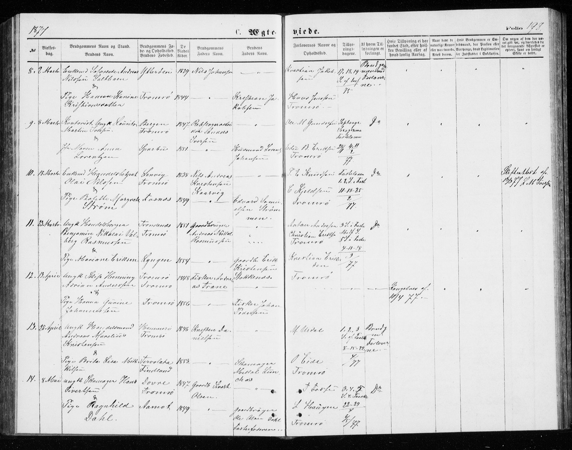 Tromsø sokneprestkontor/stiftsprosti/domprosti, AV/SATØ-S-1343/G/Gb/L0008klokker: Parish register (copy) no. 8, 1875-1879, p. 198