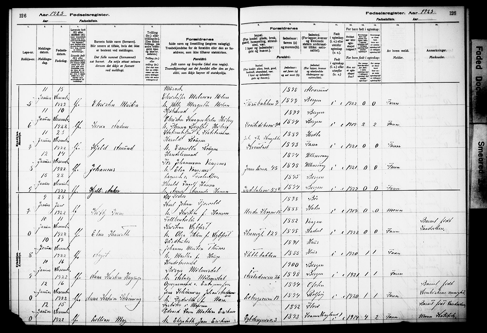 Årstad Sokneprestembete, AV/SAB-A-79301/I/Id/L0A02: Birth register no. A 2, 1920-1924, p. 126