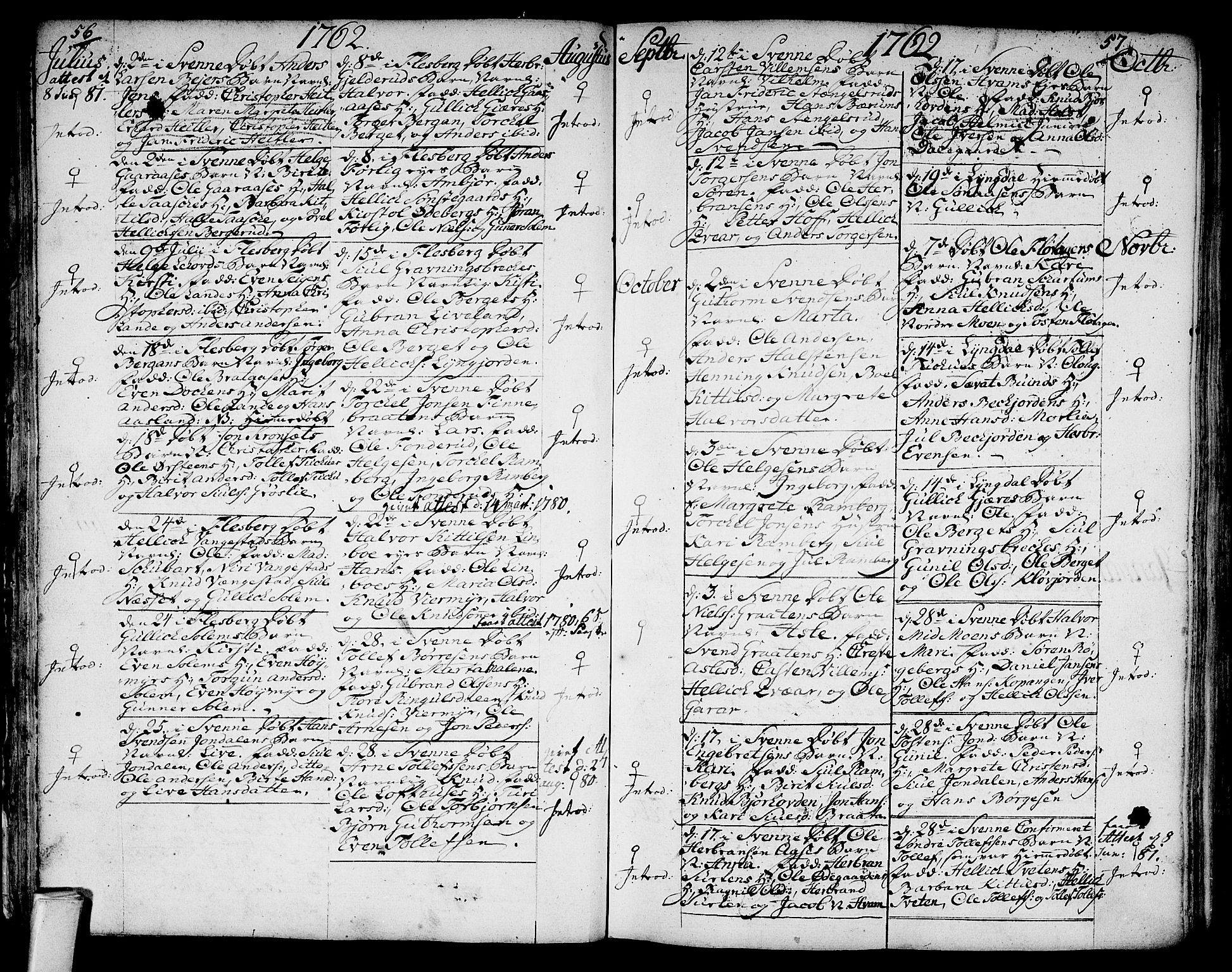 Flesberg kirkebøker, AV/SAKO-A-18/F/Fa/L0003: Parish register (official) no. I 3, 1748-1790, p. 56-57