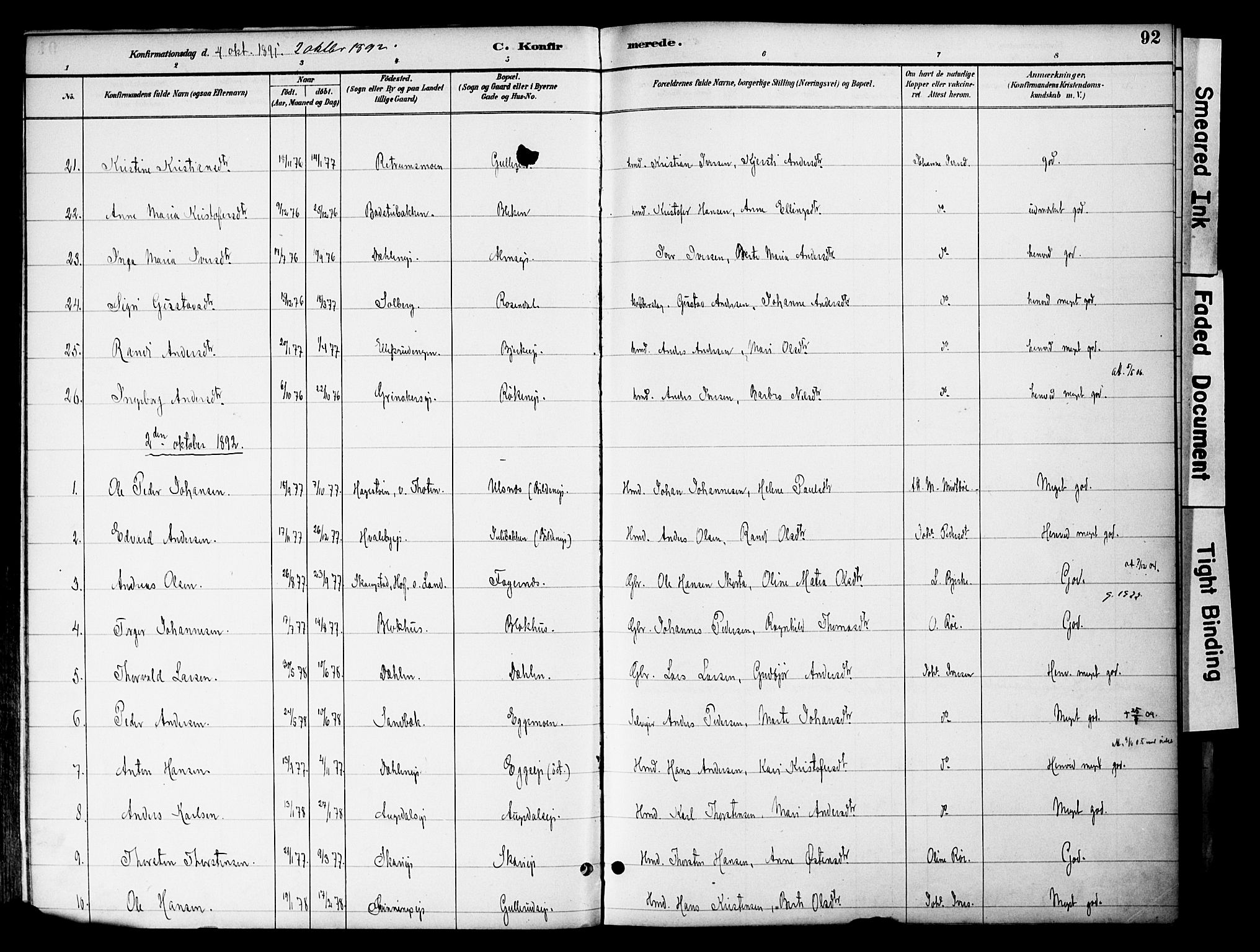 Gran prestekontor, SAH/PREST-112/H/Ha/Haa/L0020: Parish register (official) no. 20, 1889-1899, p. 92
