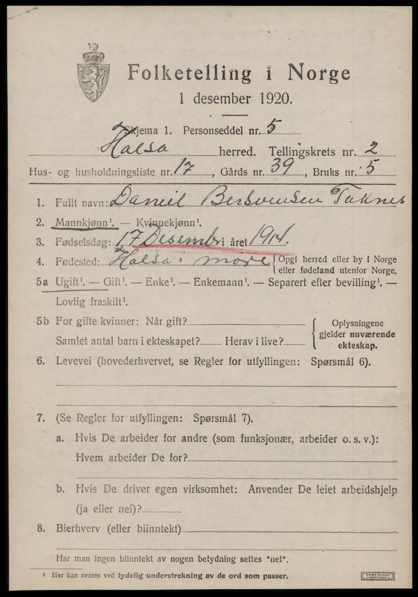 SAT, 1920 census for Halsa, 1920, p. 1086