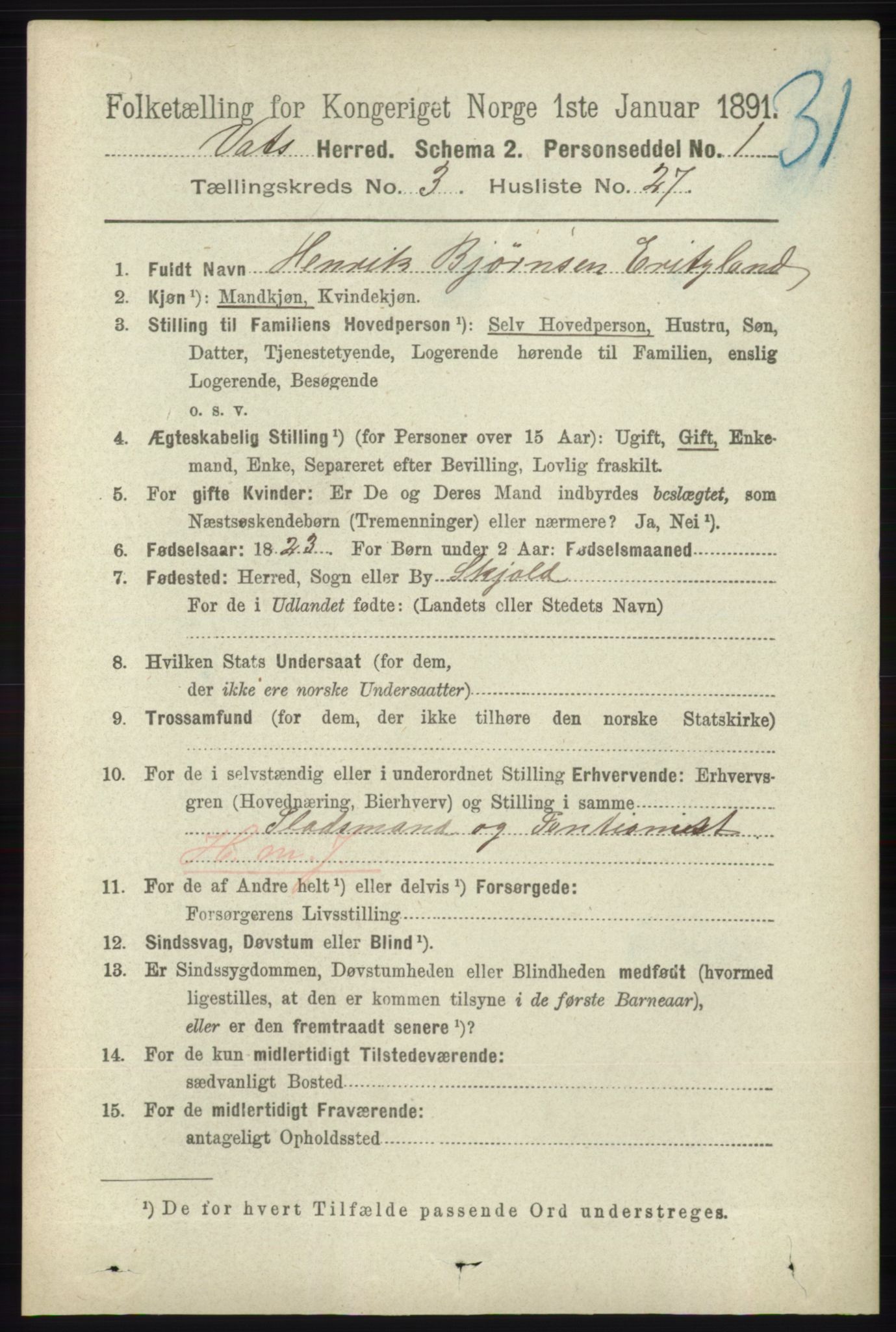 RA, 1891 census for 1155 Vats, 1891, p. 585