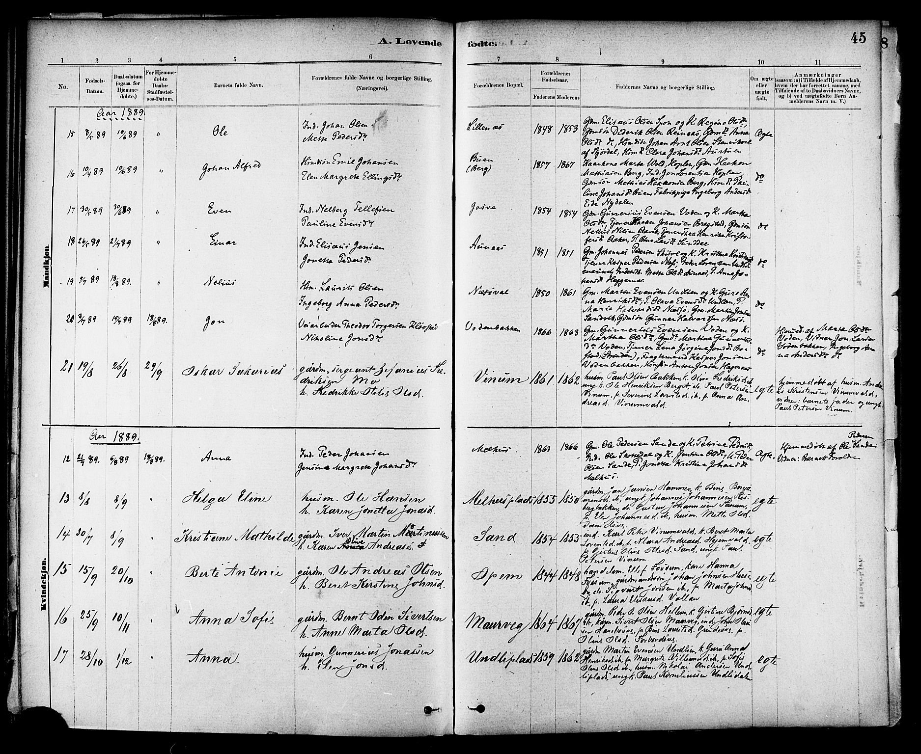 Ministerialprotokoller, klokkerbøker og fødselsregistre - Nord-Trøndelag, AV/SAT-A-1458/714/L0130: Parish register (official) no. 714A01, 1878-1895, p. 45