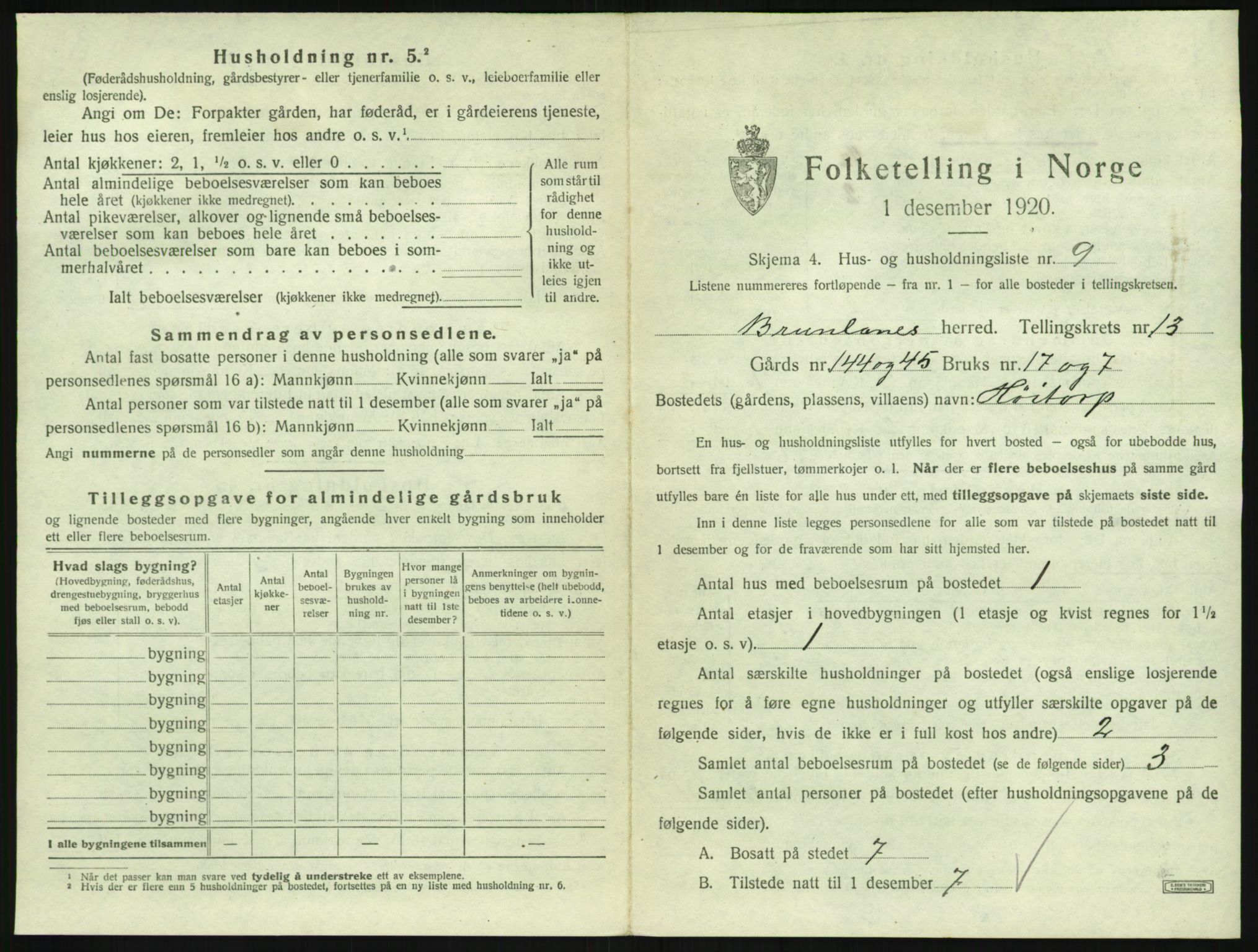 SAKO, 1920 census for Brunlanes, 1920, p. 1765