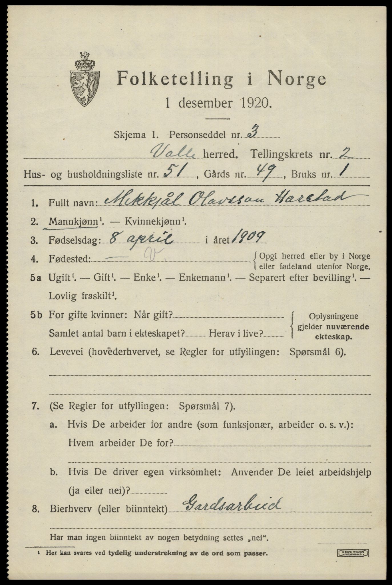 SAK, 1920 census for Valle, 1920, p. 1533