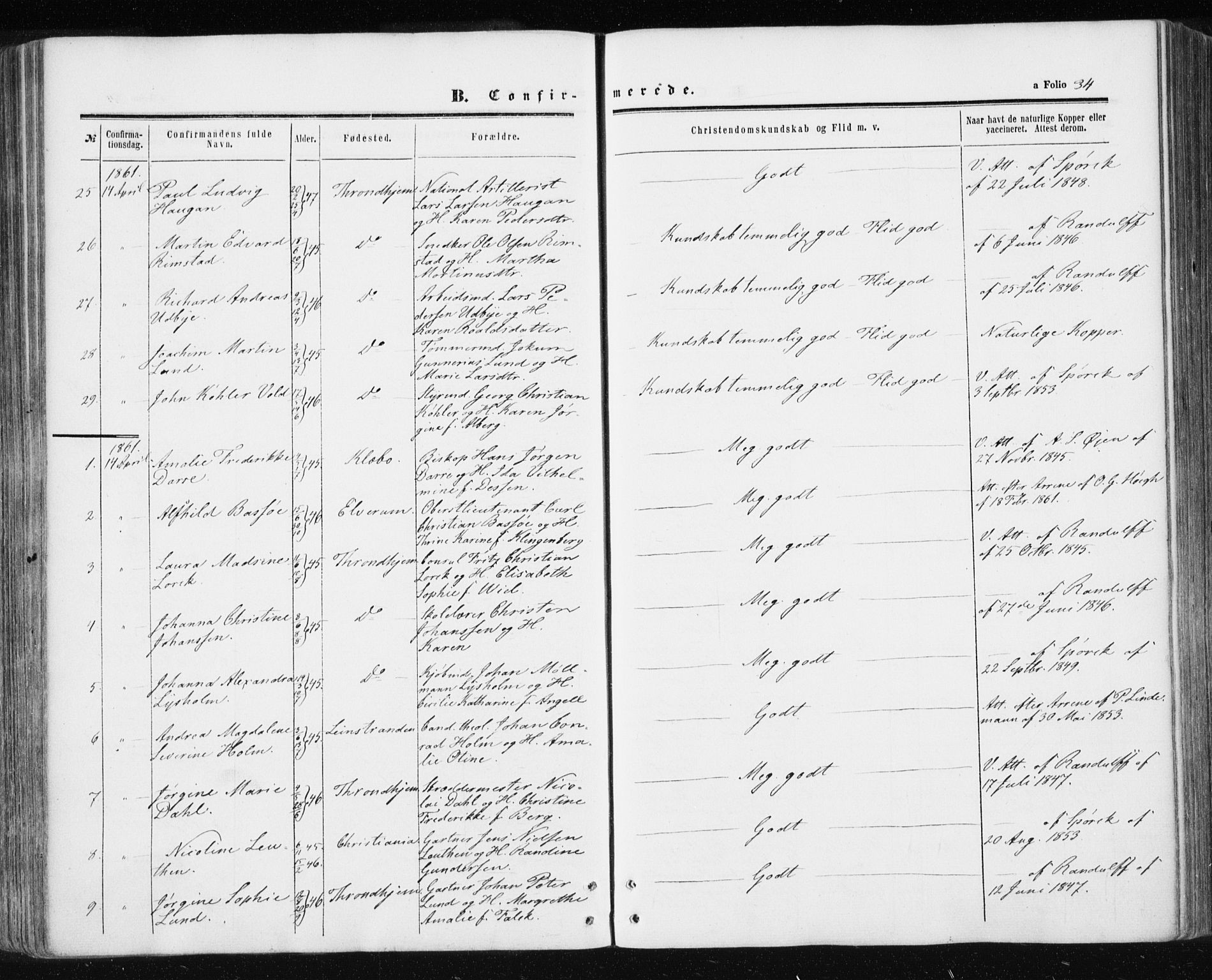 Ministerialprotokoller, klokkerbøker og fødselsregistre - Sør-Trøndelag, SAT/A-1456/601/L0053: Parish register (official) no. 601A21, 1857-1865, p. 34