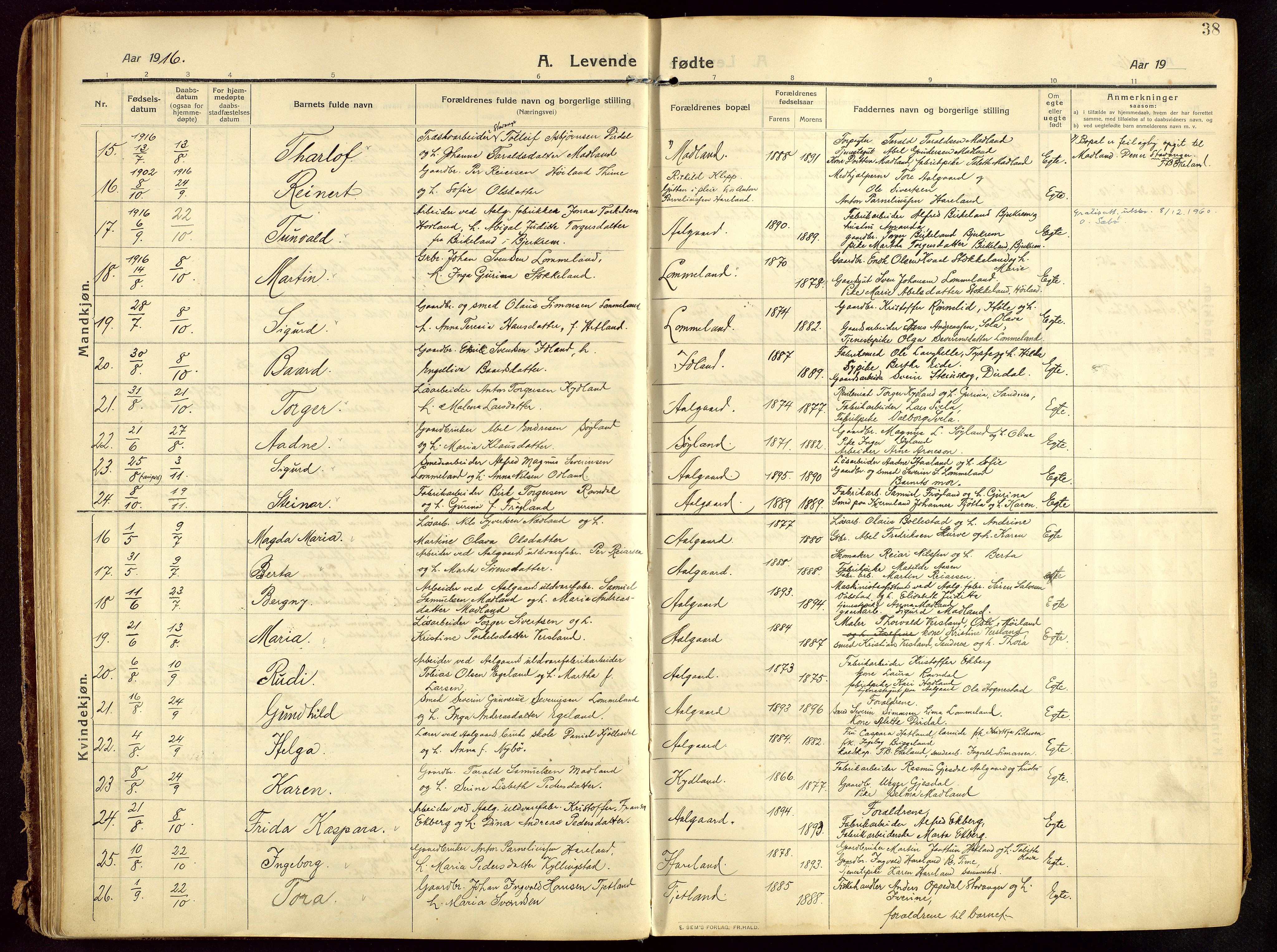 Lye sokneprestkontor, AV/SAST-A-101794/002/B/L0001: Parish register (official) no. A 13, 1910-1925, p. 38
