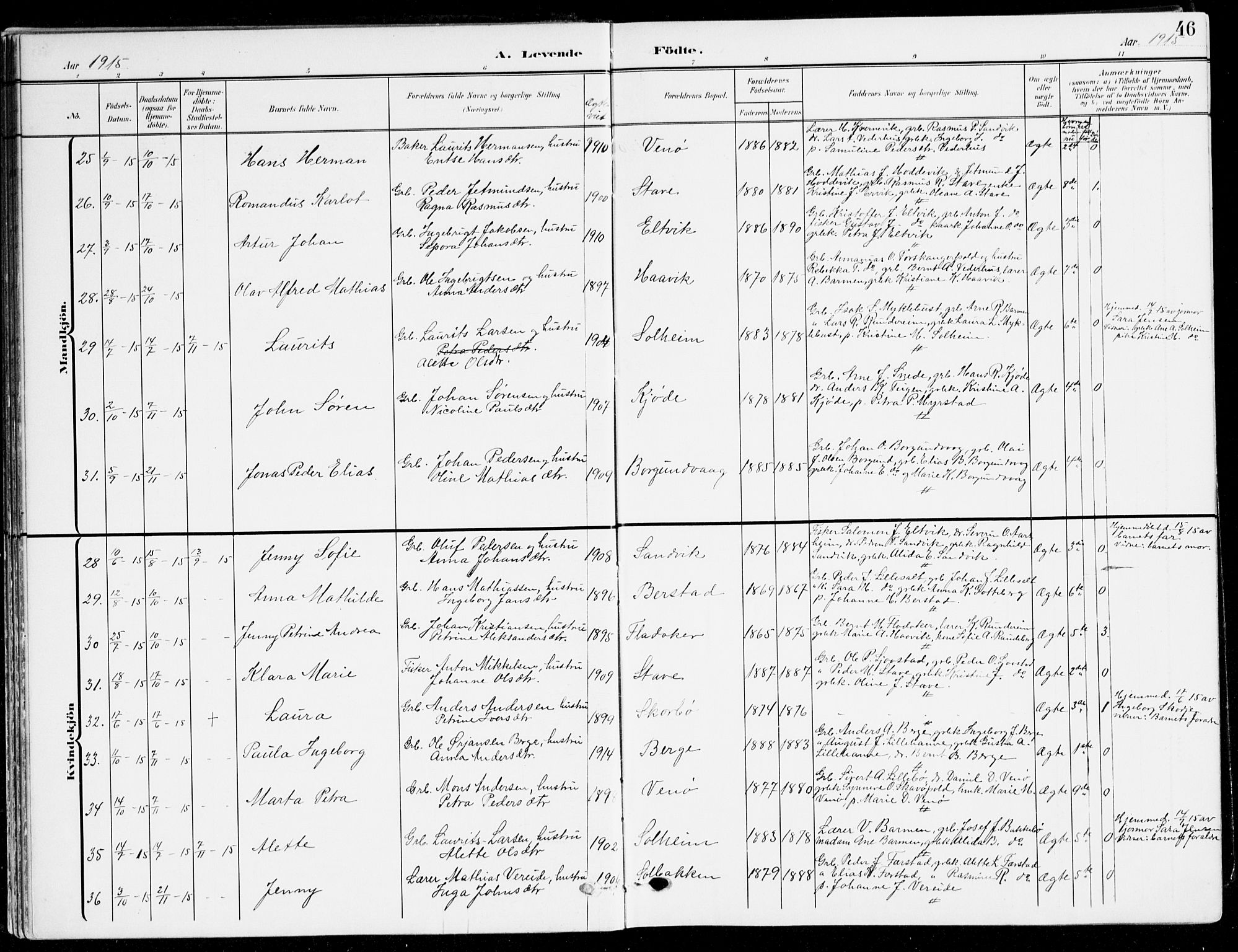 Selje sokneprestembete, AV/SAB-A-99938/H/Ha/Haa/Haab: Parish register (official) no. B 3, 1908-1923, p. 46