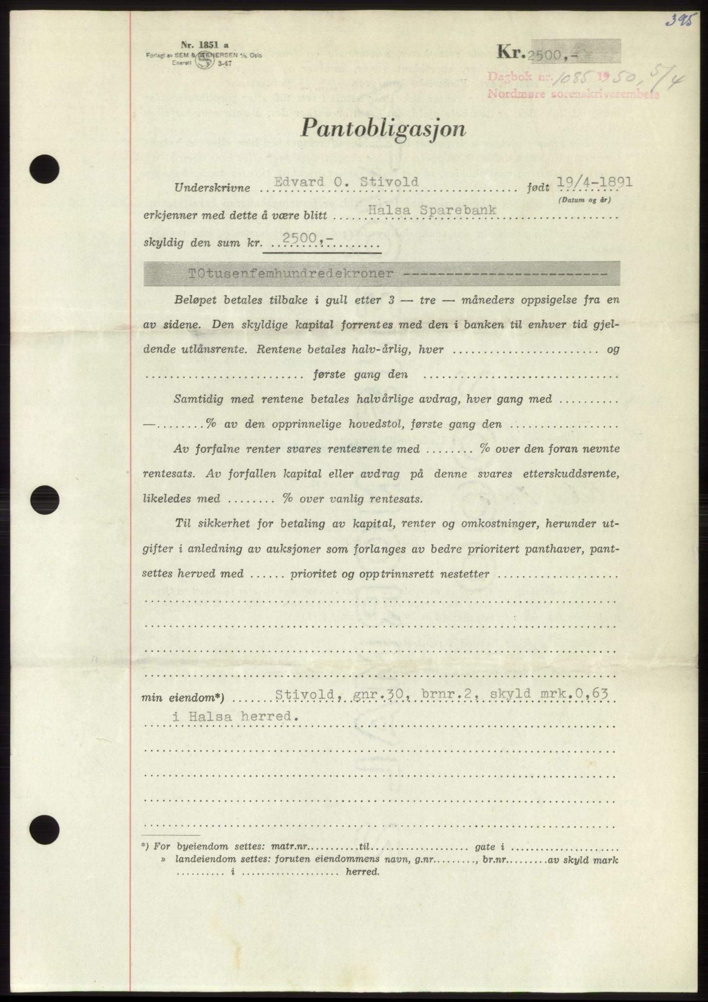 Nordmøre sorenskriveri, AV/SAT-A-4132/1/2/2Ca: Mortgage book no. B104, 1950-1950, Diary no: : 1085/1950