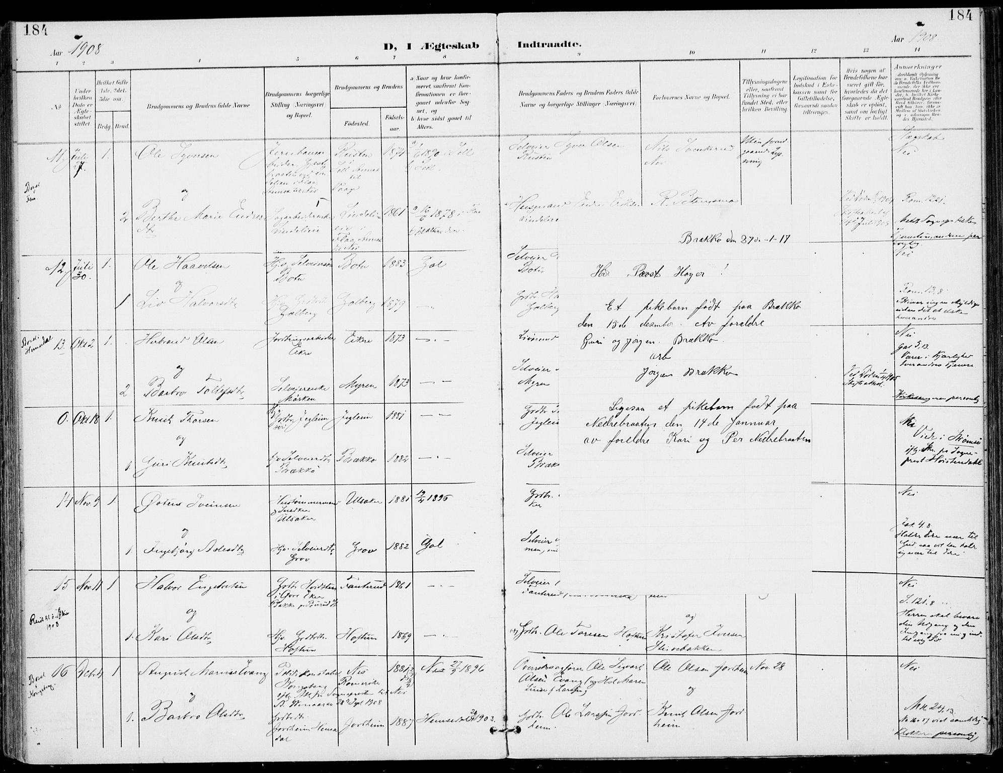 Gol kirkebøker, AV/SAKO-A-226/F/Fa/L0006: Parish register (official) no. I 6, 1901-1918, p. 184