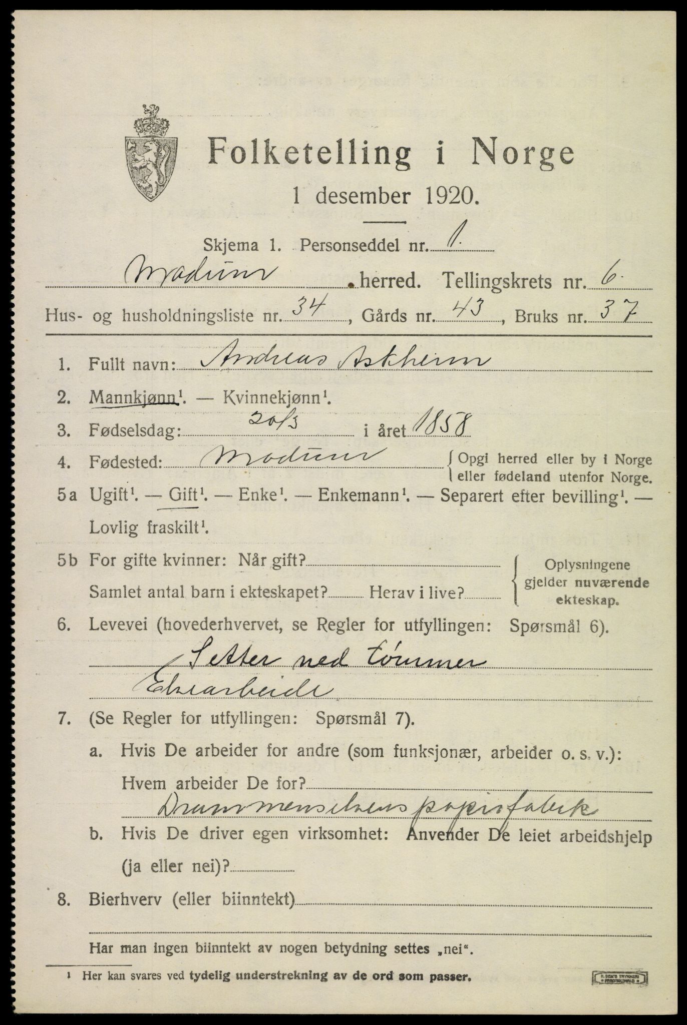 SAKO, 1920 census for Modum, 1920, p. 9275