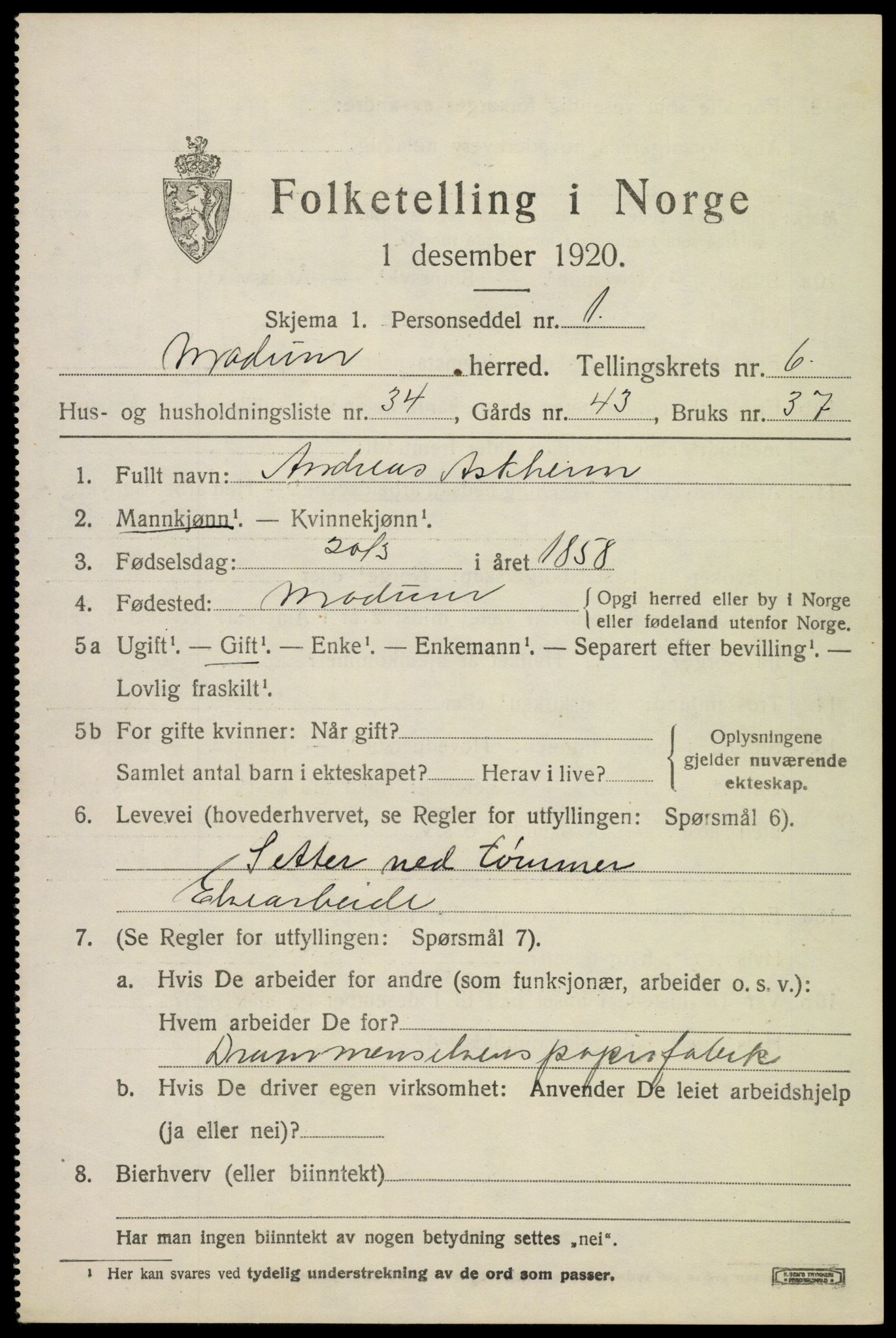 SAKO, 1920 census for Modum, 1920, p. 9275