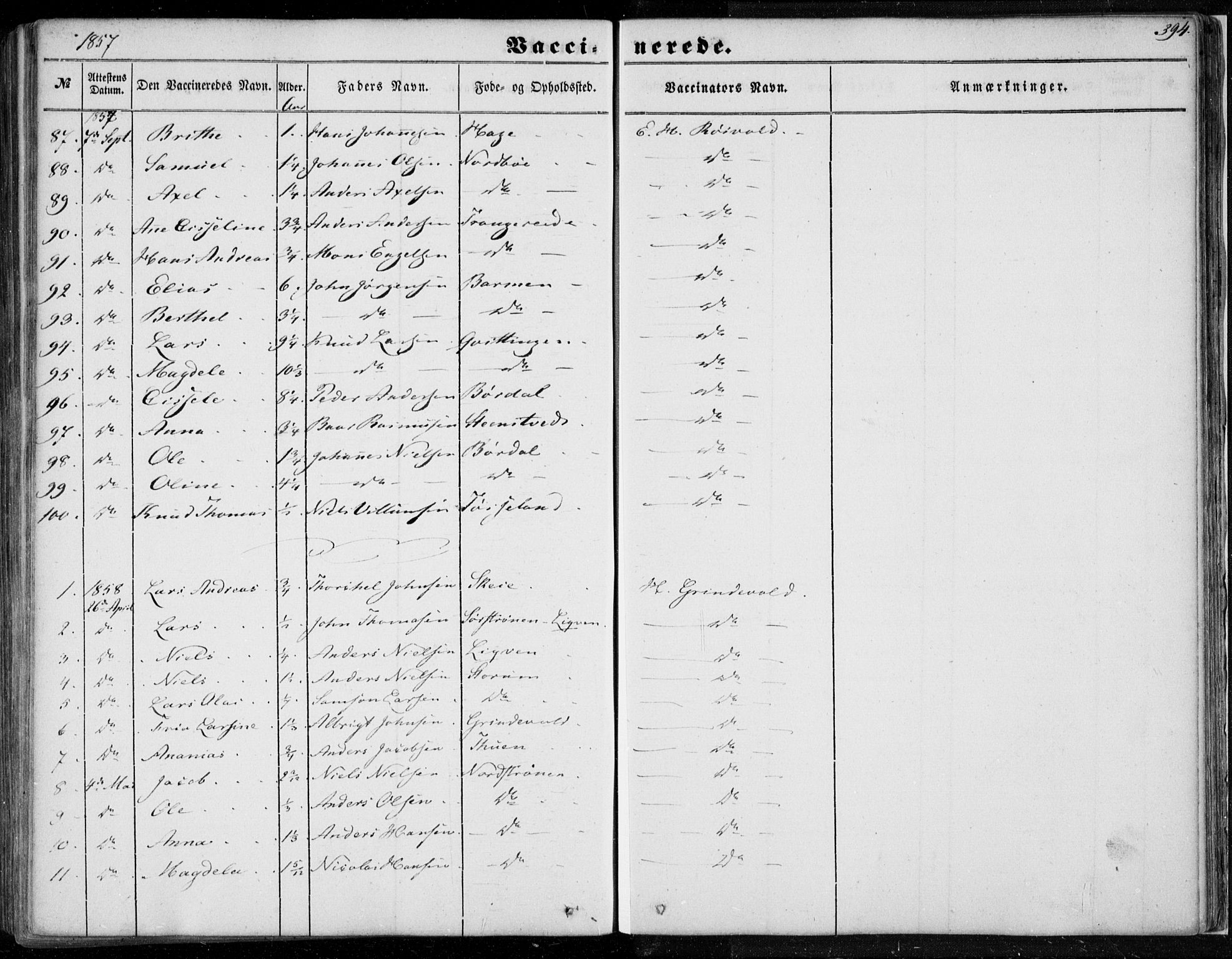 Os sokneprestembete, SAB/A-99929: Parish register (official) no. A 16, 1851-1859, p. 394