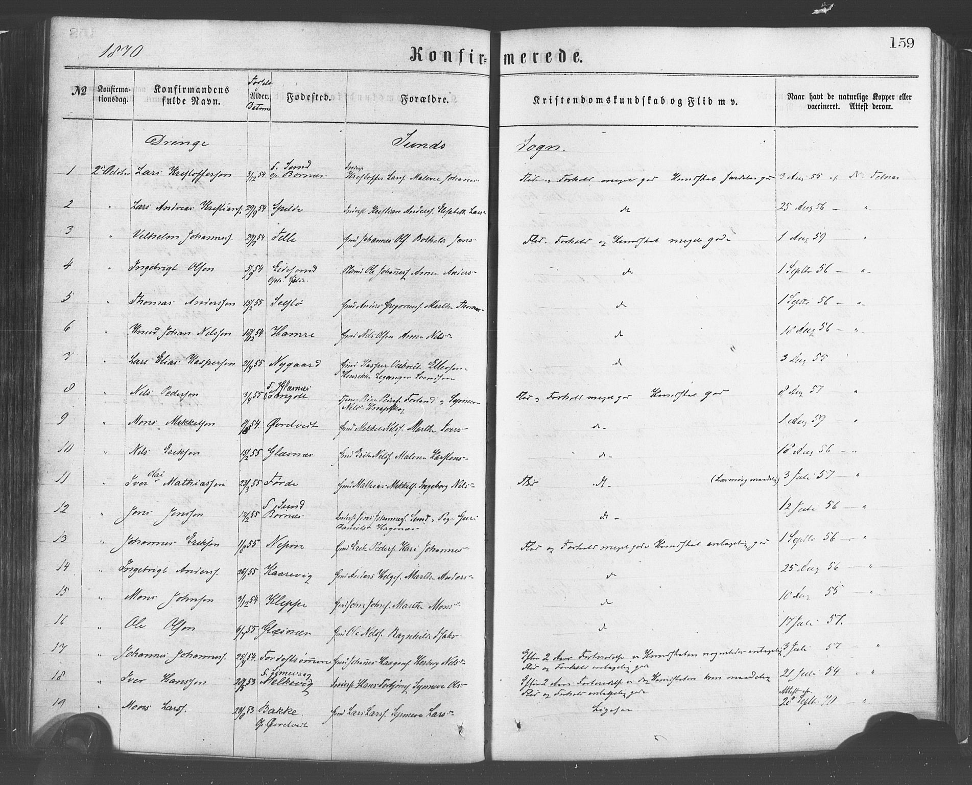 Sund sokneprestembete, AV/SAB-A-99930: Parish register (official) no. A 15, 1867-1881, p. 159