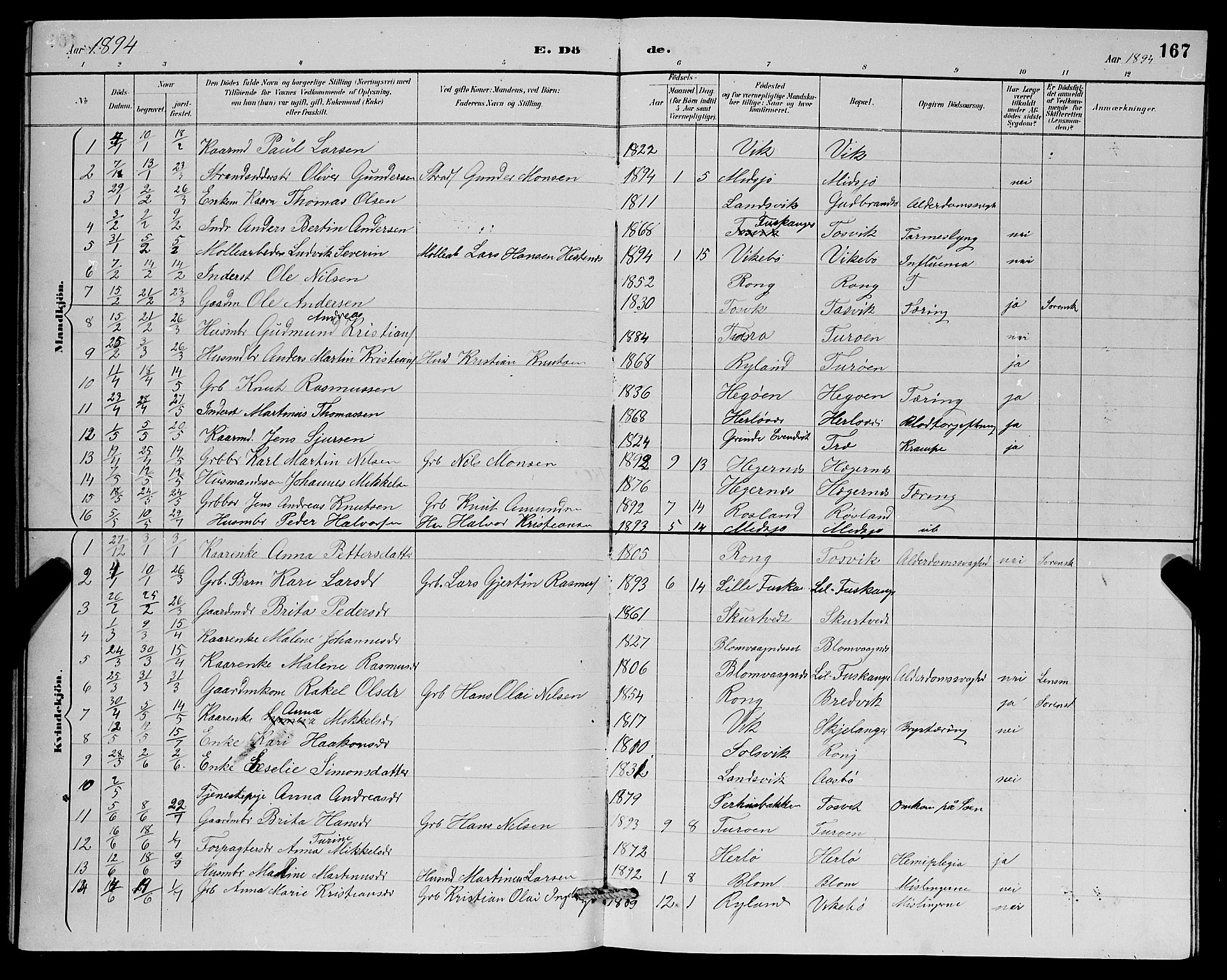 Herdla Sokneprestembete, SAB/A-75701/H/Hab: Parish register (copy) no. A 3, 1889-1899, p. 167