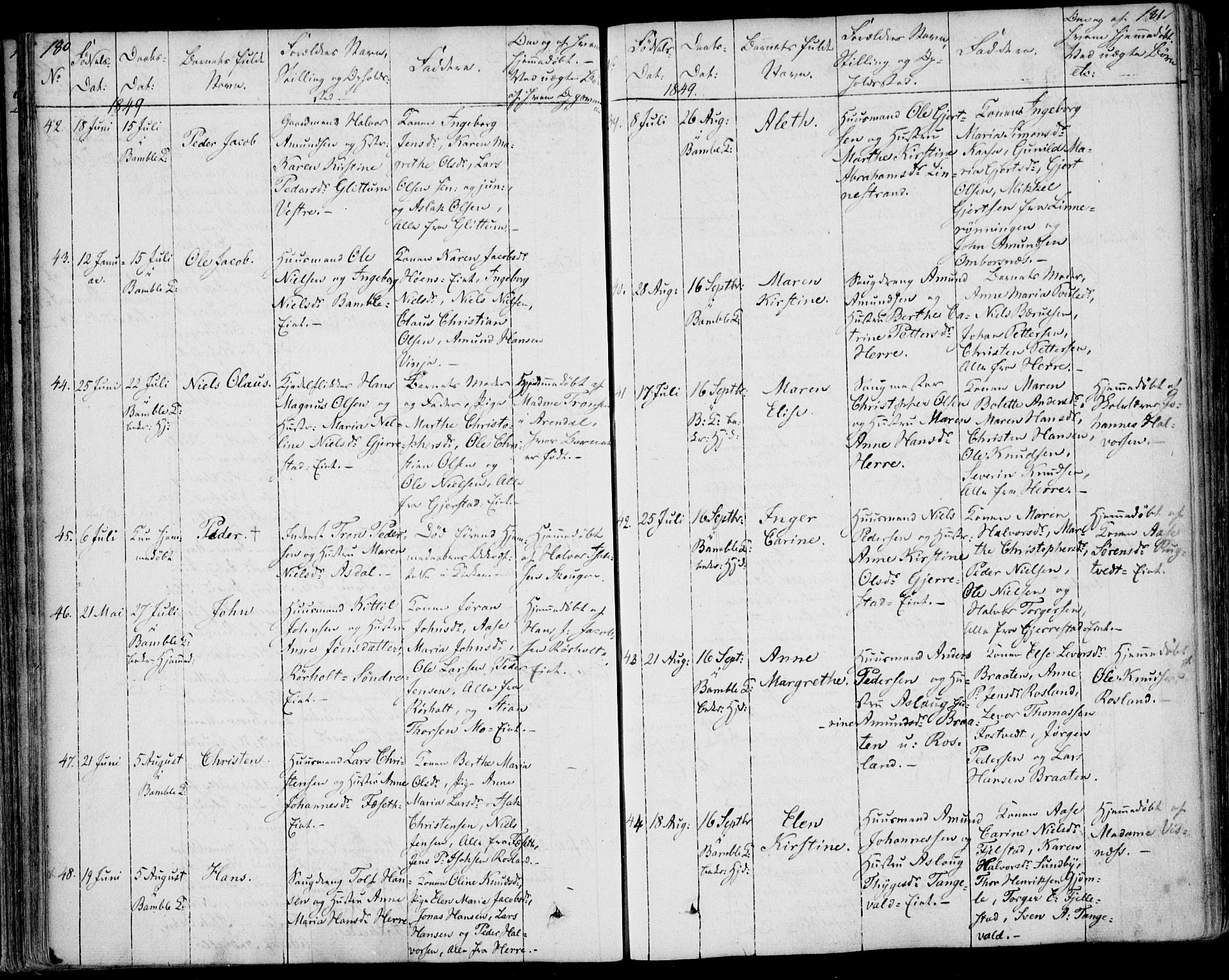 Bamble kirkebøker, AV/SAKO-A-253/F/Fa/L0004: Parish register (official) no. I 4, 1834-1853, p. 180-181