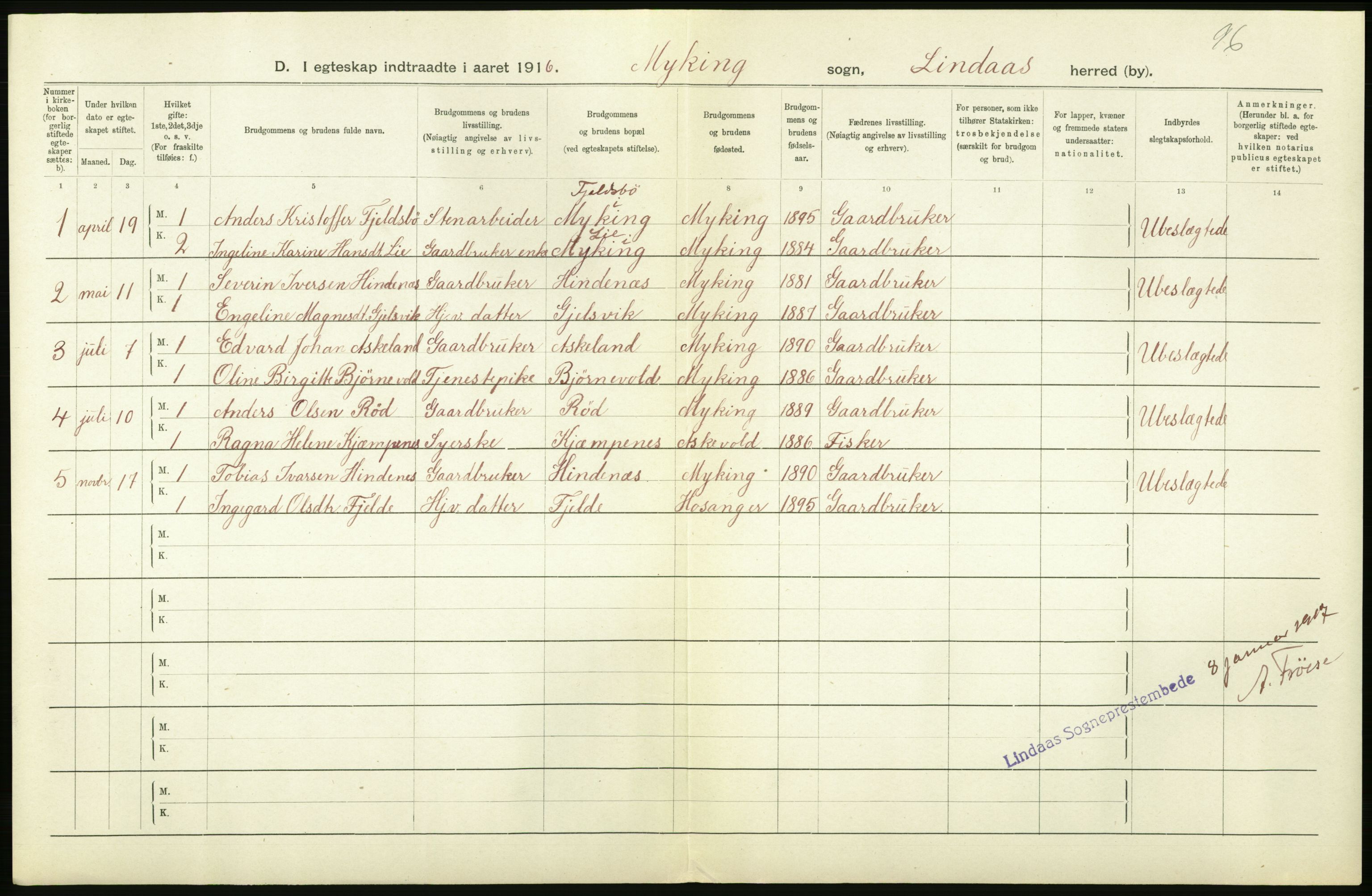 Statistisk sentralbyrå, Sosiodemografiske emner, Befolkning, AV/RA-S-2228/D/Df/Dfb/Dfbf/L0035: S. Bergenhus amt: Gifte, dødfødte. Bygder., 1916, p. 64