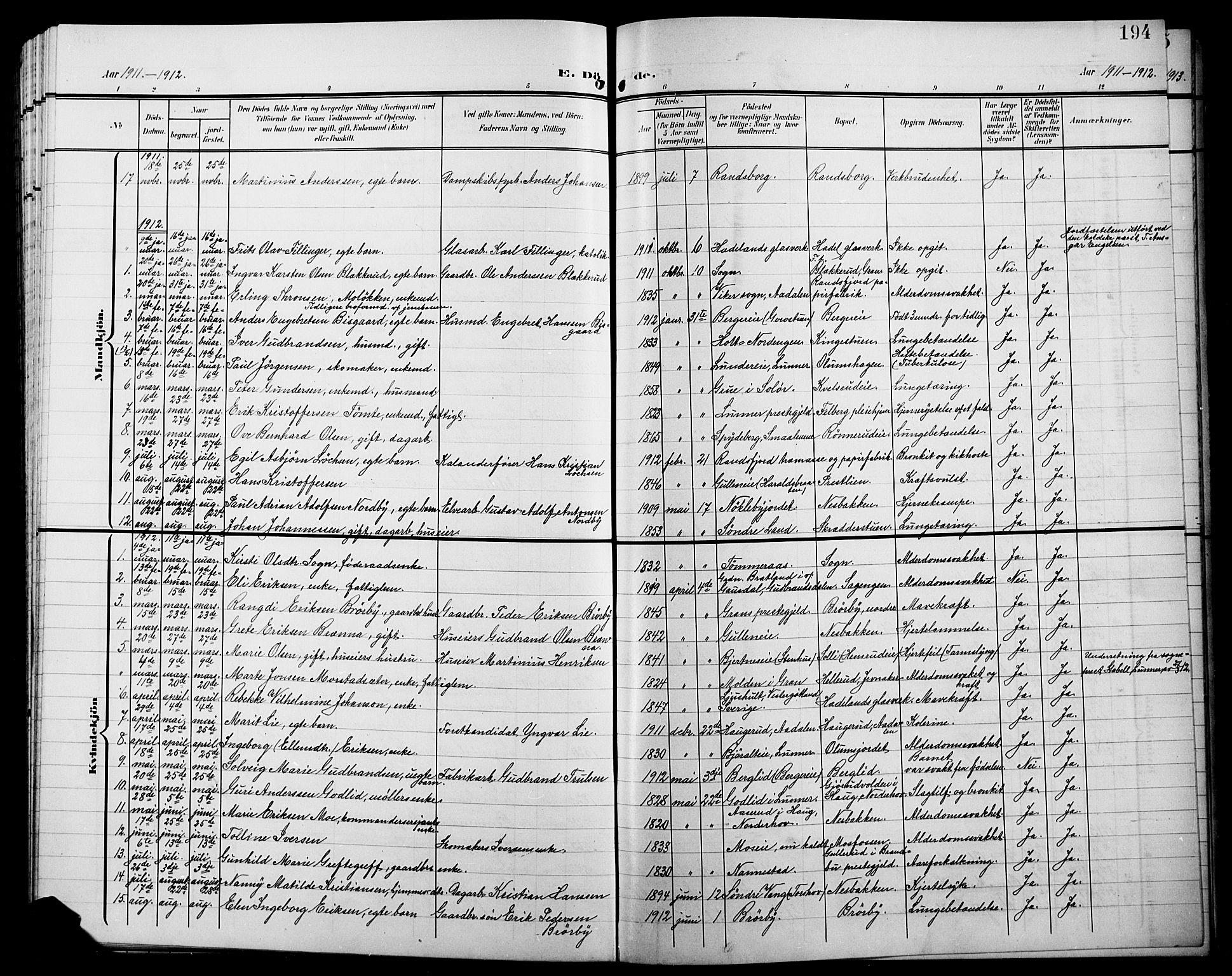 Jevnaker prestekontor, SAH/PREST-116/H/Ha/Hab/L0004: Parish register (copy) no. 4, 1907-1918, p. 194