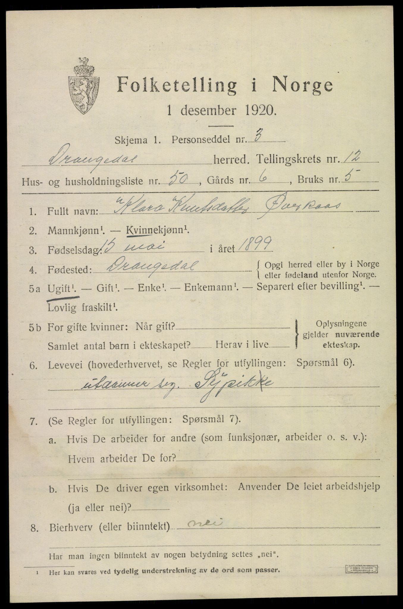 SAKO, 1920 census for Drangedal, 1920, p. 7279