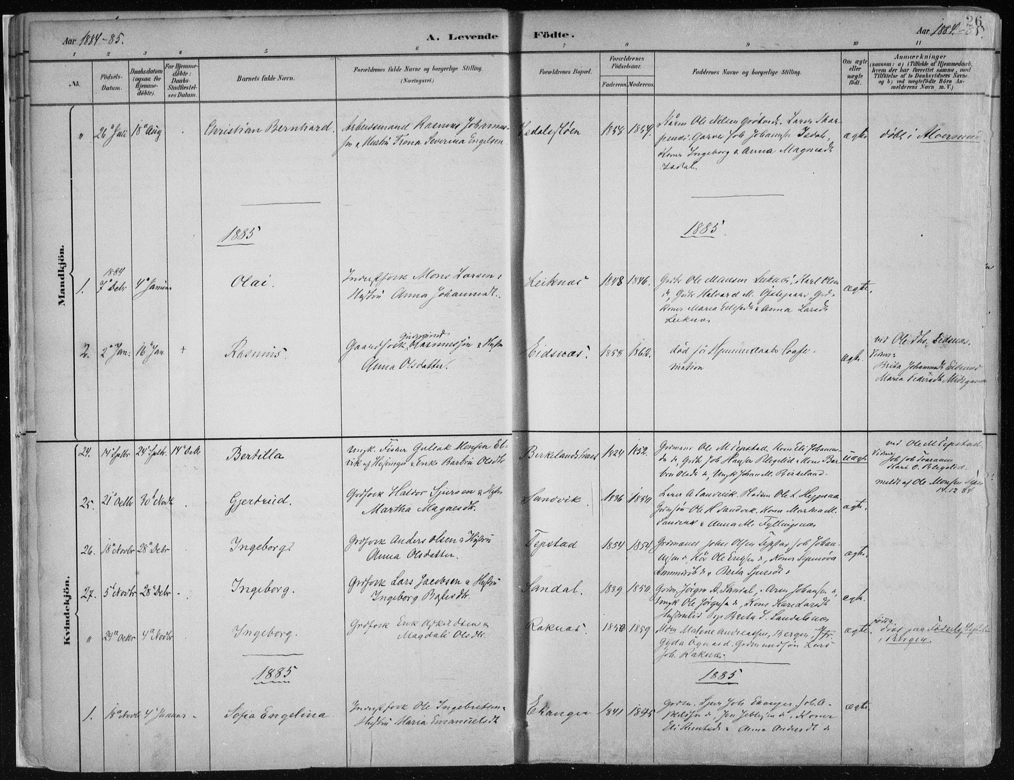 Hamre sokneprestembete, SAB/A-75501/H/Ha/Haa/Haab/L0001: Parish register (official) no. B  1, 1882-1905, p. 26