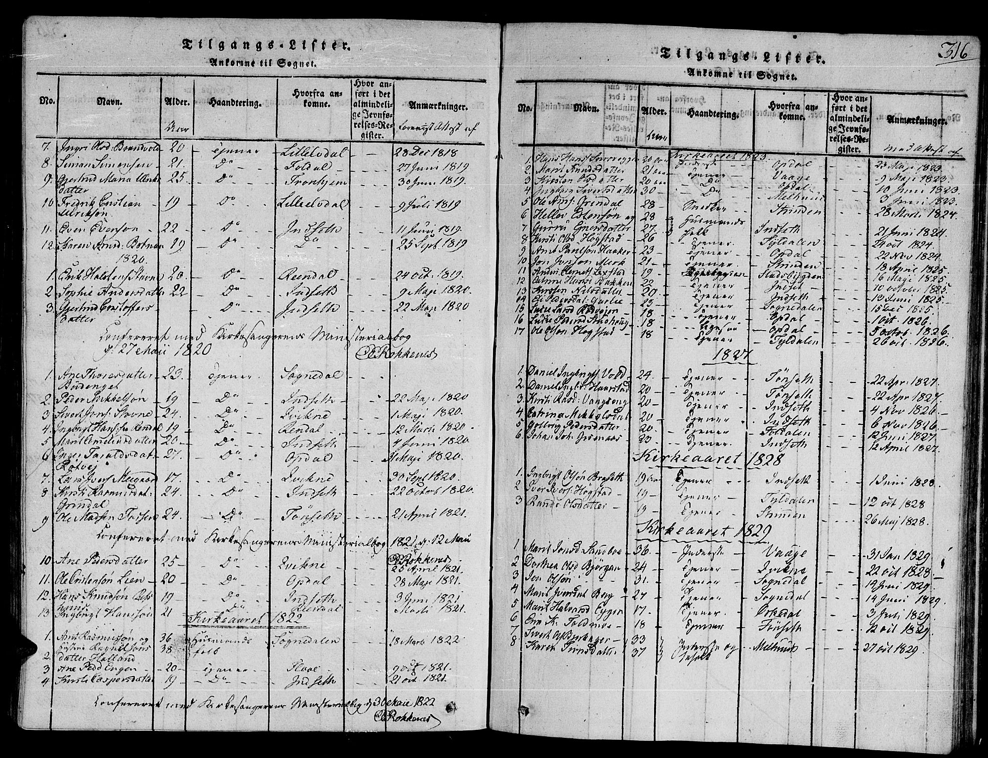 Ministerialprotokoller, klokkerbøker og fødselsregistre - Sør-Trøndelag, SAT/A-1456/672/L0854: Parish register (official) no. 672A06 /2, 1816-1829, p. 316