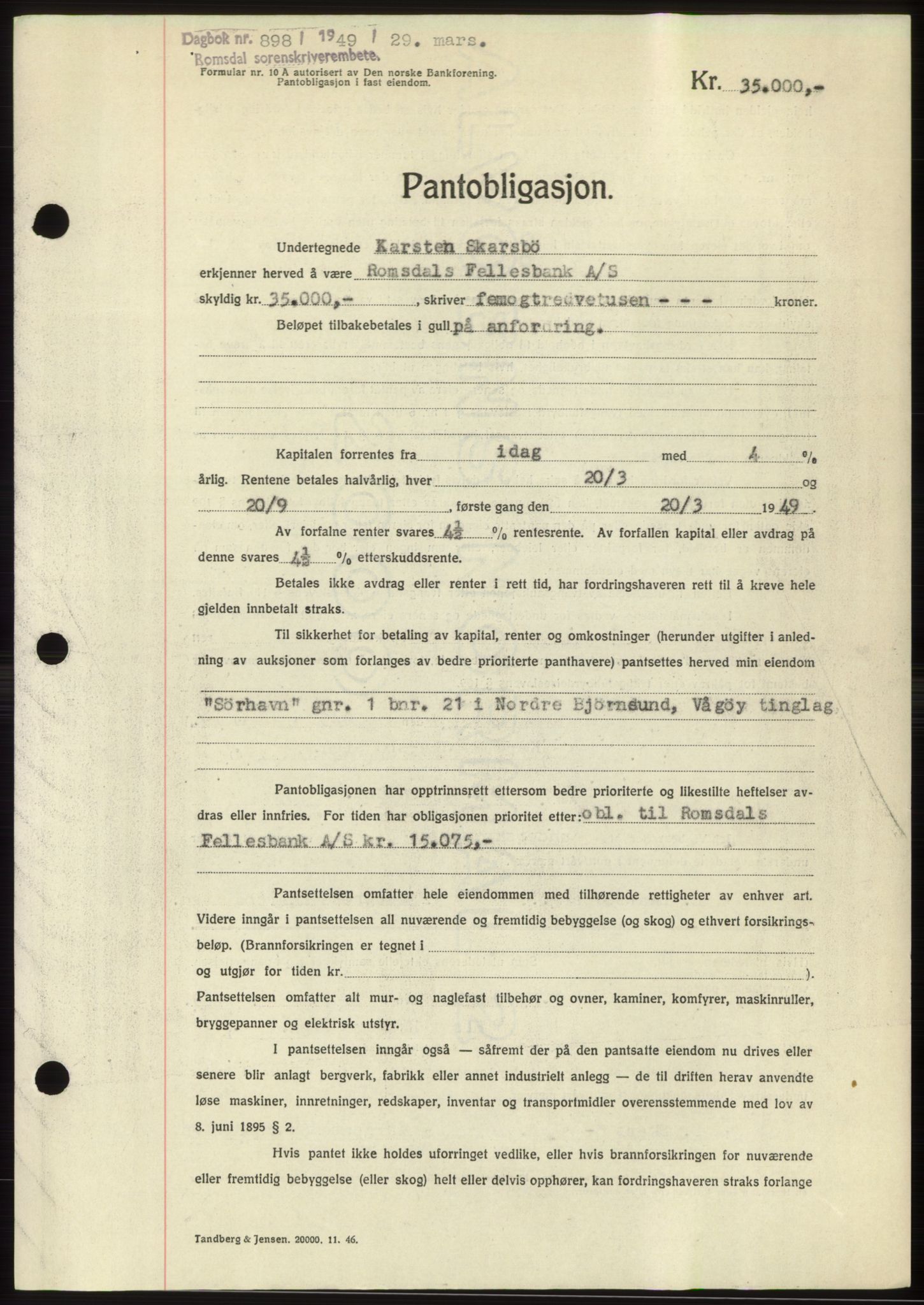 Romsdal sorenskriveri, AV/SAT-A-4149/1/2/2C: Mortgage book no. B4, 1948-1949, Diary no: : 898/1949