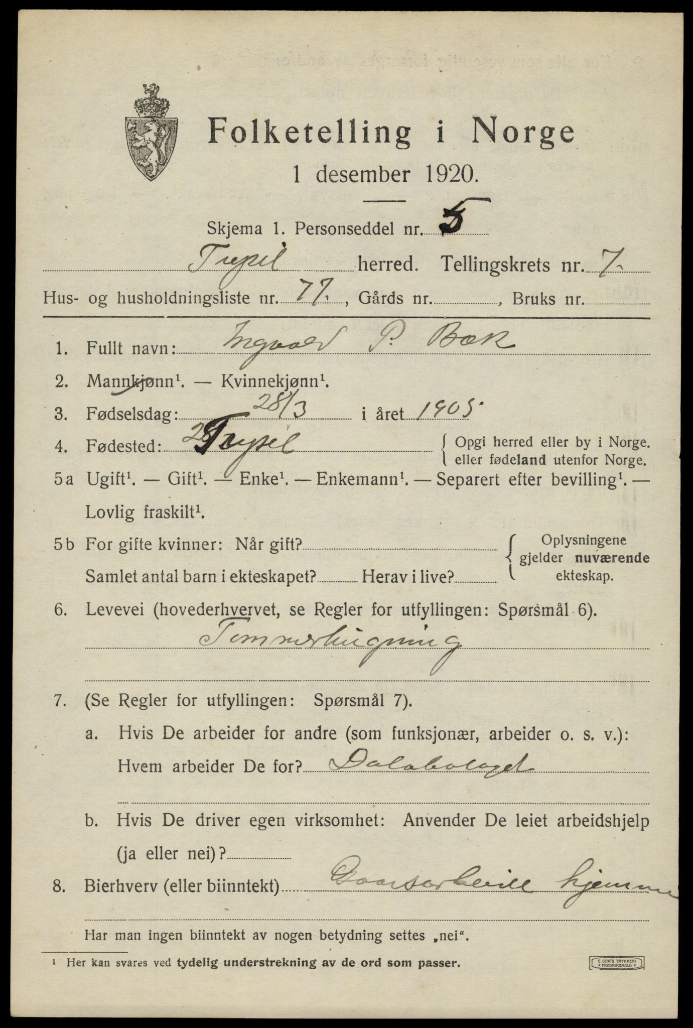 SAH, 1920 census for Trysil, 1920, p. 6201
