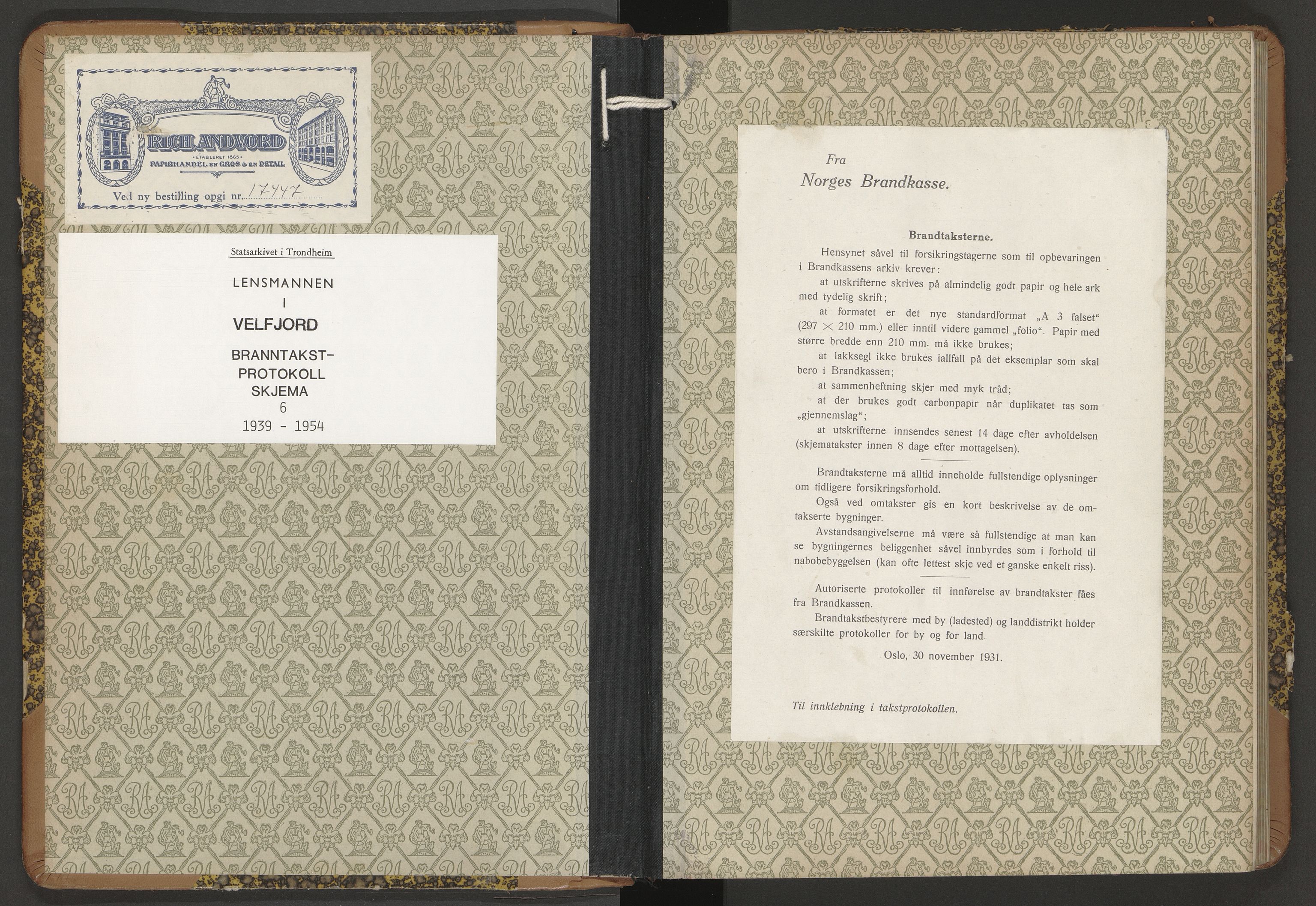 Norges Brannkasse Velfjord, SAT/A-5561/Fb/L0006: Branntakstprotokoll - skjema, 1939-1954