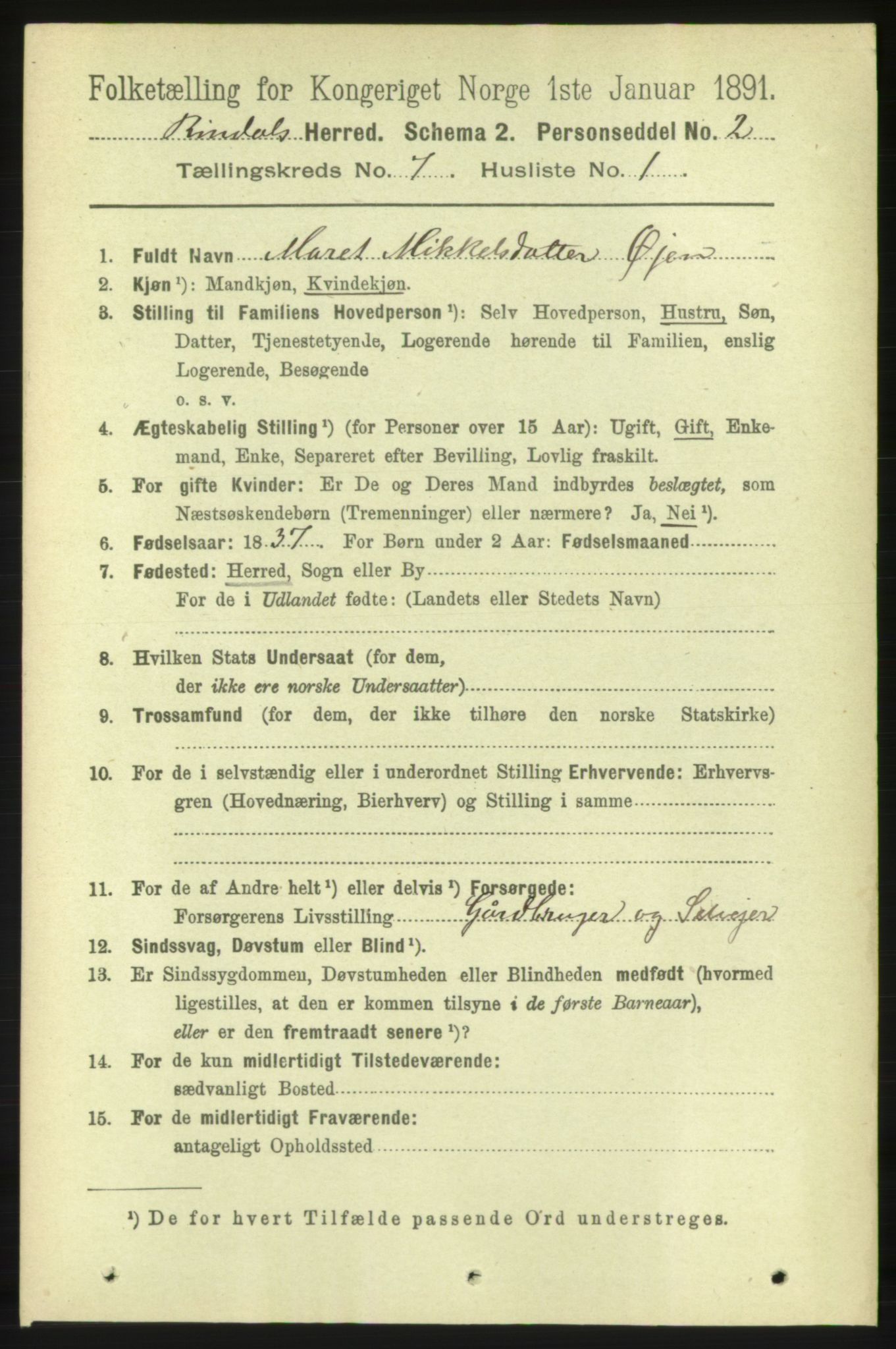 RA, 1891 census for 1567 Rindal, 1891, p. 2027