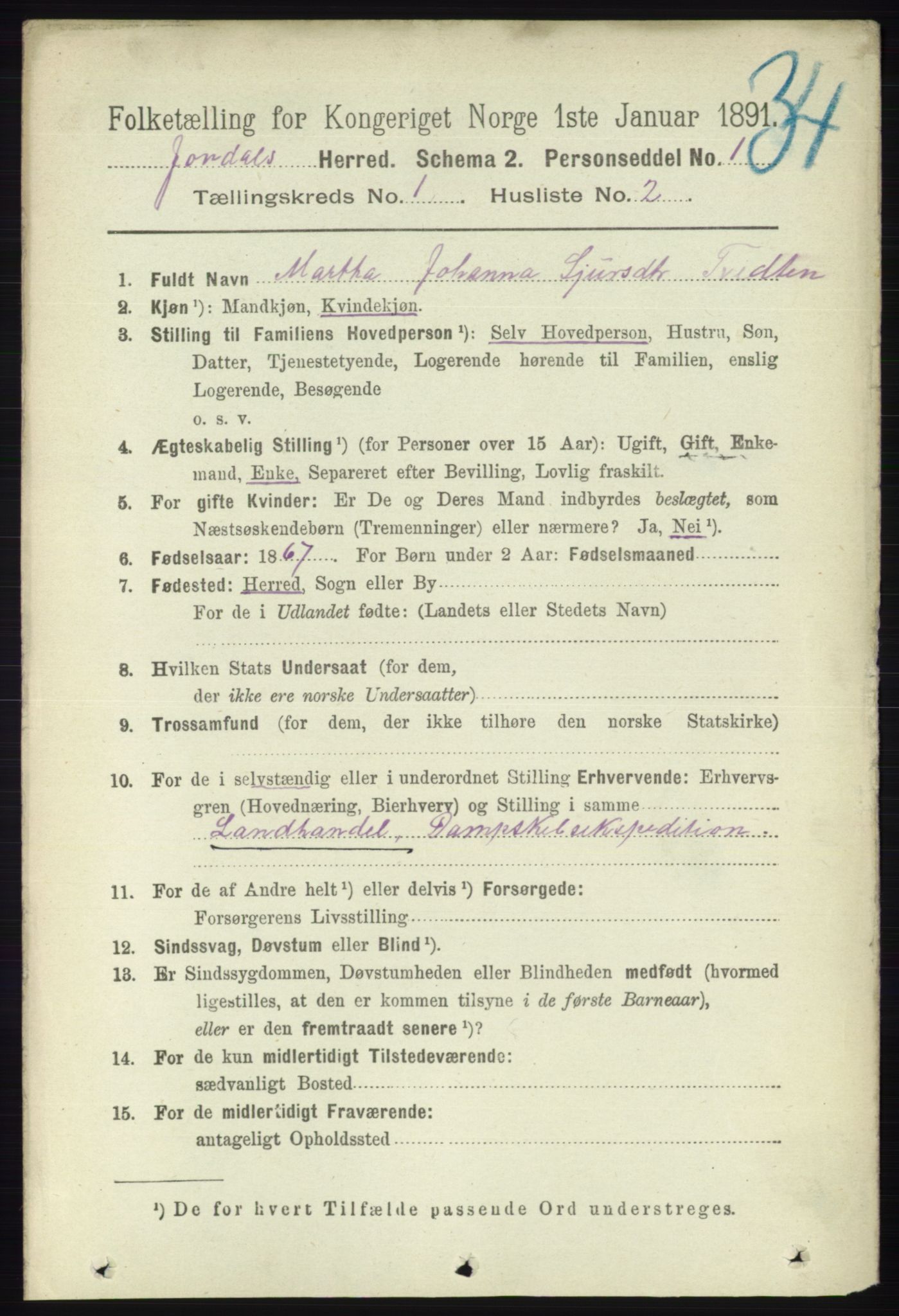 RA, 1891 census for 1227 Jondal, 1891, p. 144