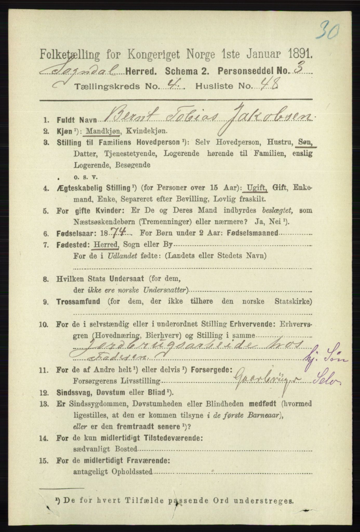 RA, 1891 census for 1111 Sokndal, 1891, p. 1271