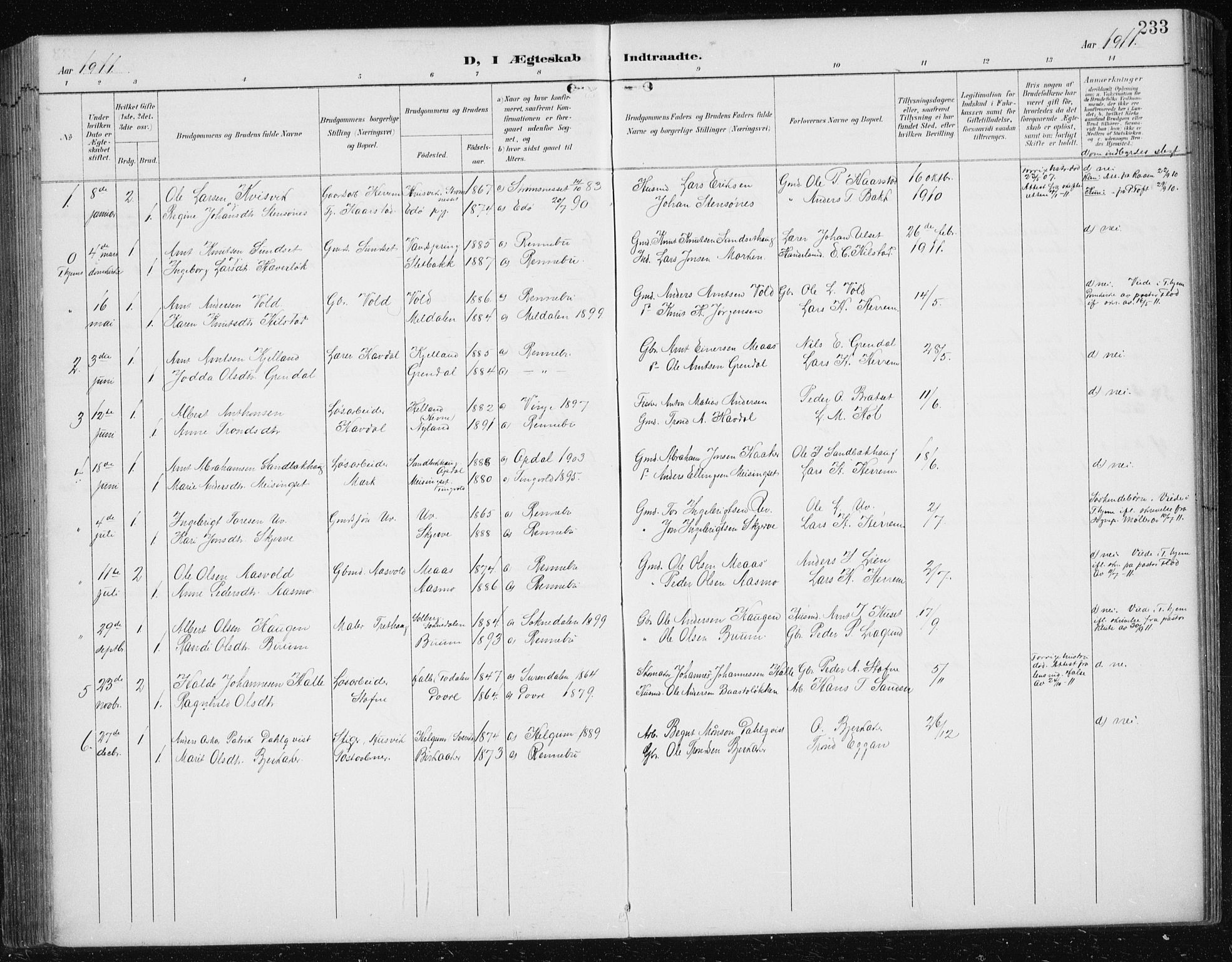 Ministerialprotokoller, klokkerbøker og fødselsregistre - Sør-Trøndelag, SAT/A-1456/674/L0876: Parish register (copy) no. 674C03, 1892-1912, p. 233