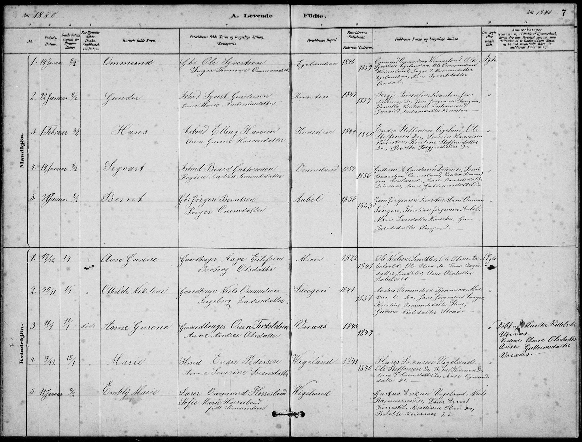 Vennesla sokneprestkontor, AV/SAK-1111-0045/Fb/Fbb/L0003: Parish register (copy) no. B 3, 1879-1893, p. 7