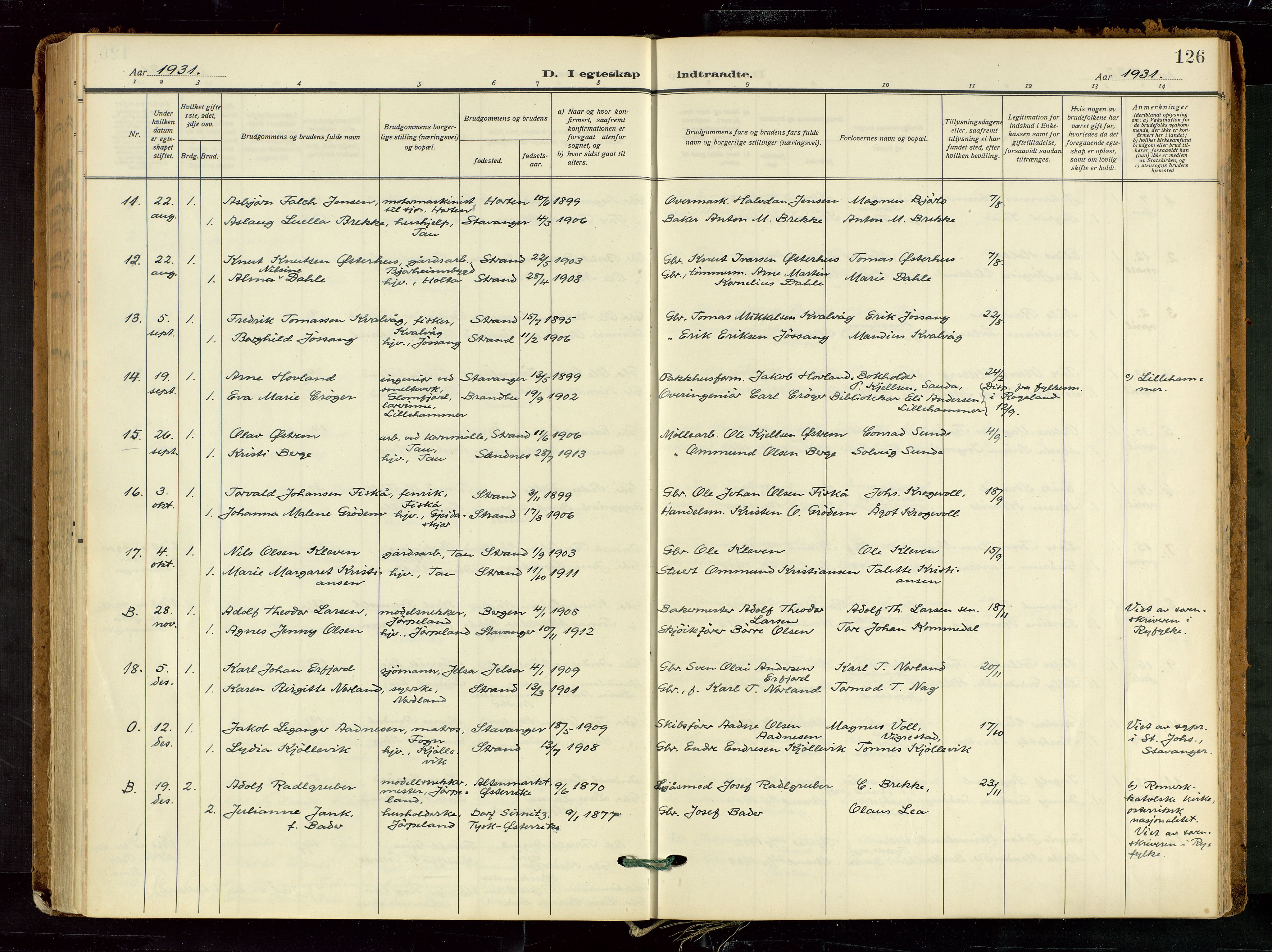 Strand sokneprestkontor, AV/SAST-A-101828/H/Ha/Haa/L0012: Parish register (official) no. A 12, 1927-1946, p. 126