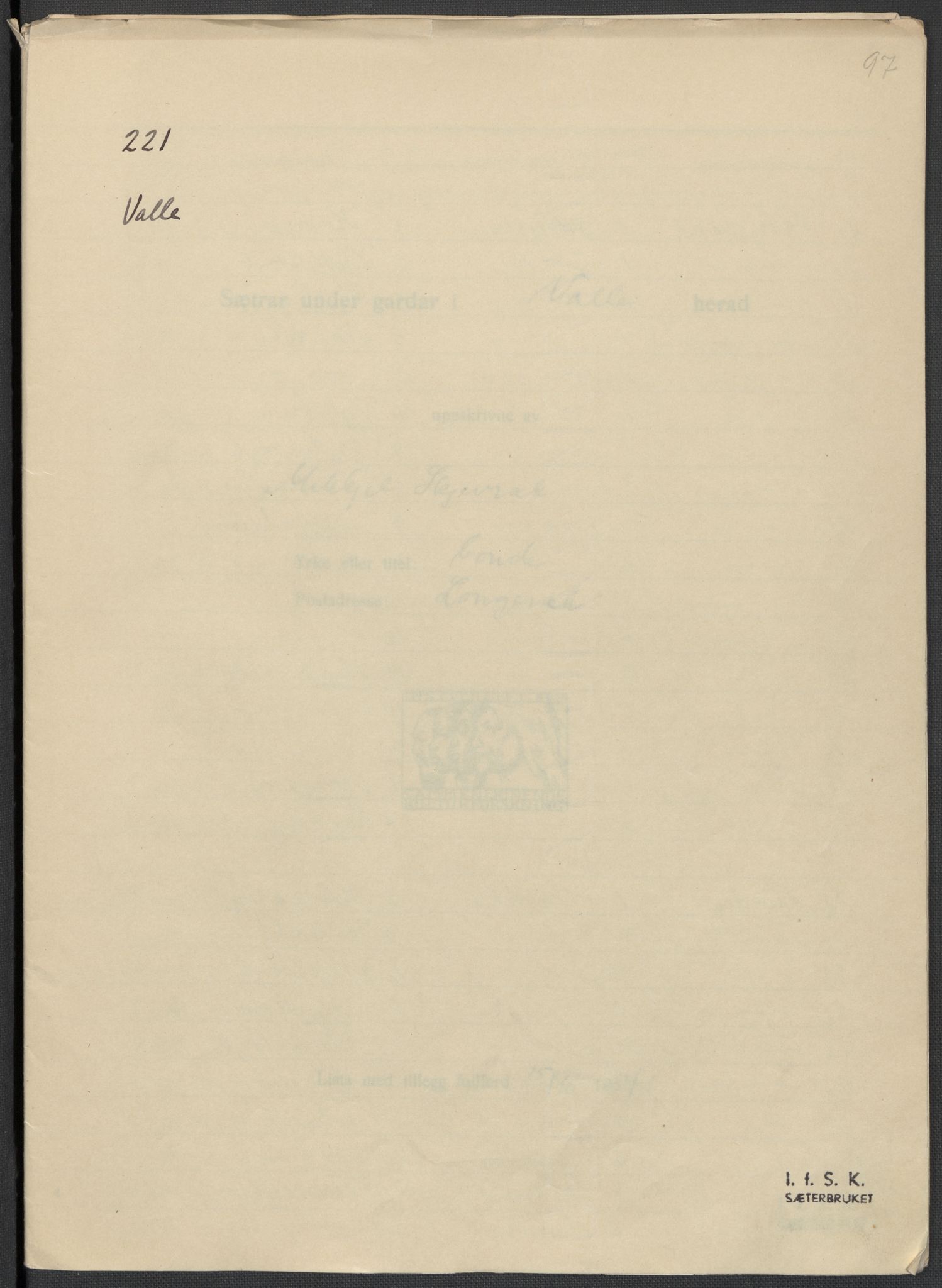 Instituttet for sammenlignende kulturforskning, AV/RA-PA-0424/F/Fc/L0008/0002: Eske B8: / Aust-Agder (perm XX), 1932-1936, p. 97