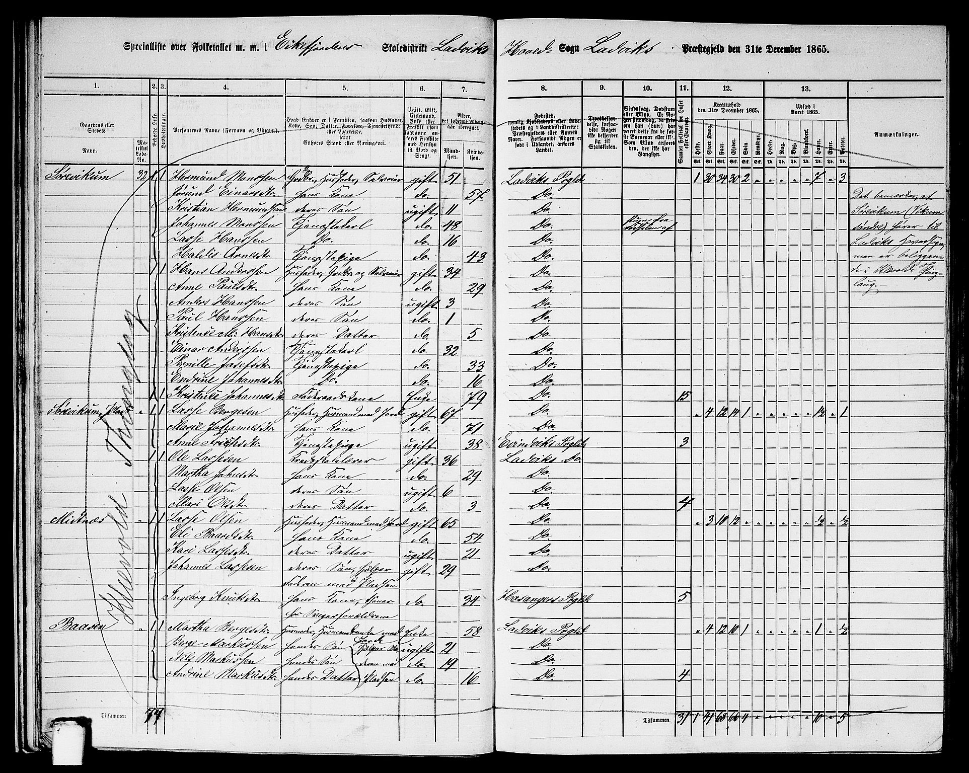 RA, 1865 census for Lavik, 1865, p. 22