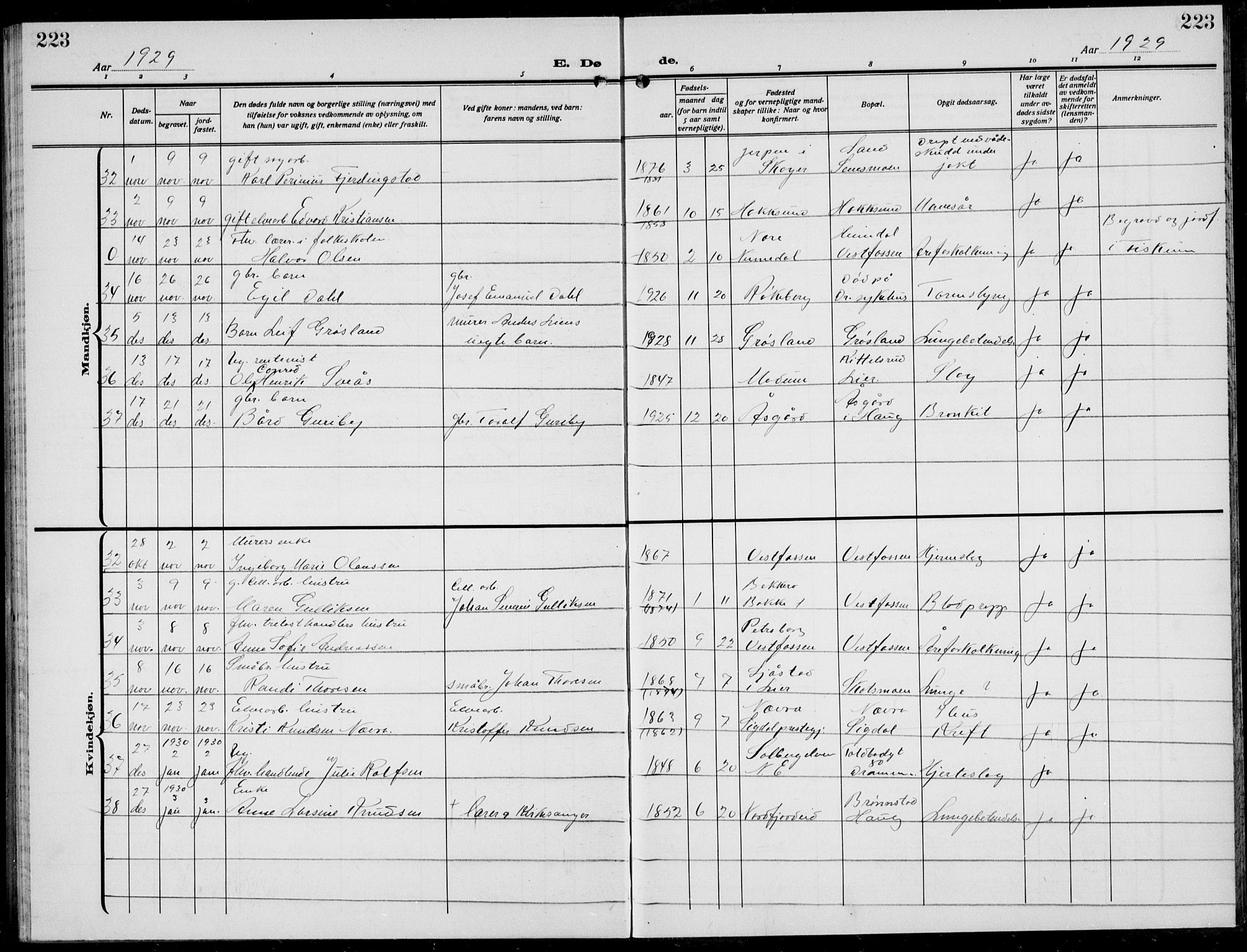 Eiker kirkebøker, AV/SAKO-A-4/G/Ga/L0010: Parish register (copy) no. I 10, 1925-1934, p. 223